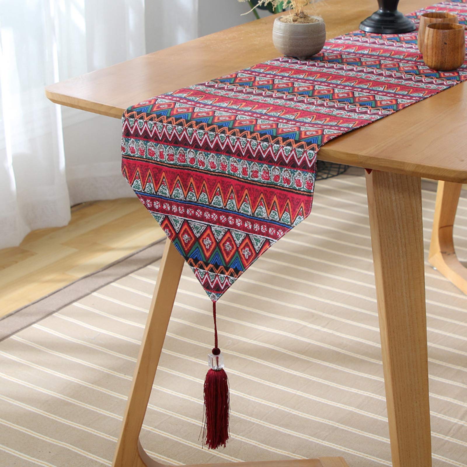 Tischdecken Meterware, Tischband Crash rot Retro Geometric Tischläufer Cotton 33x140CM