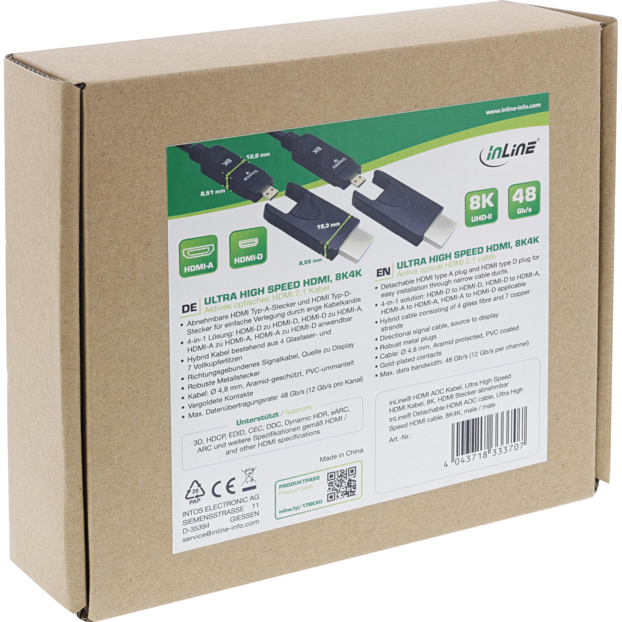 InLine® Cavo HDMI AOC Ultra High Speed 2.1 con connettori rimovibili, 8K/4K HDR eARC, contatti dorati, flessibile, 10 m, 17910O
