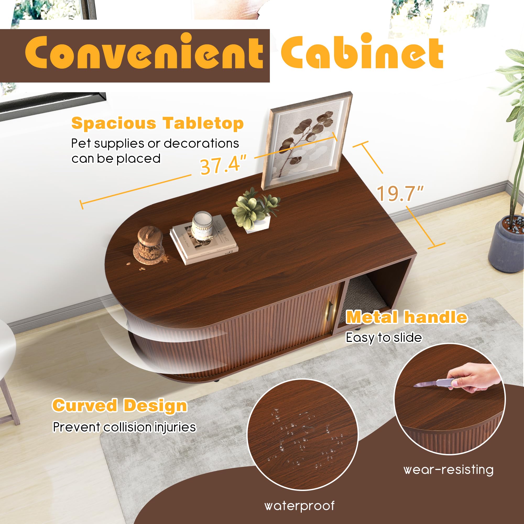 Cat Litter Box Enclosure, 37.4" Wooden Cat Washroom Furniture with Sliding Door, Fluted Hidden Litter Box Furniture with Scratch Pad and Sisal Ball, End Table TV Stand for Living Room (Brown) - image 6
