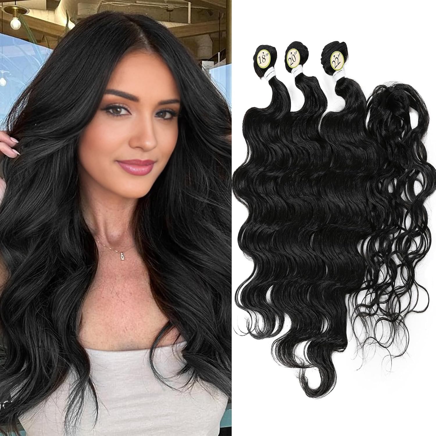 HANNE Synthetic Hair Bundles with Closure Body Wave Hair Extensions 18"20"22" with Lace Closure Heat Resistant Colorful Synthetic Bundles Black