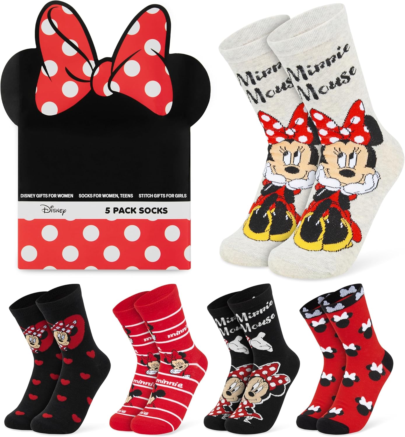 Disney Socks Valentines Day Gifts for Women, Wife, Girlfriend, Pack of 5 Soft Breathable Crew Character Socks for Lounging