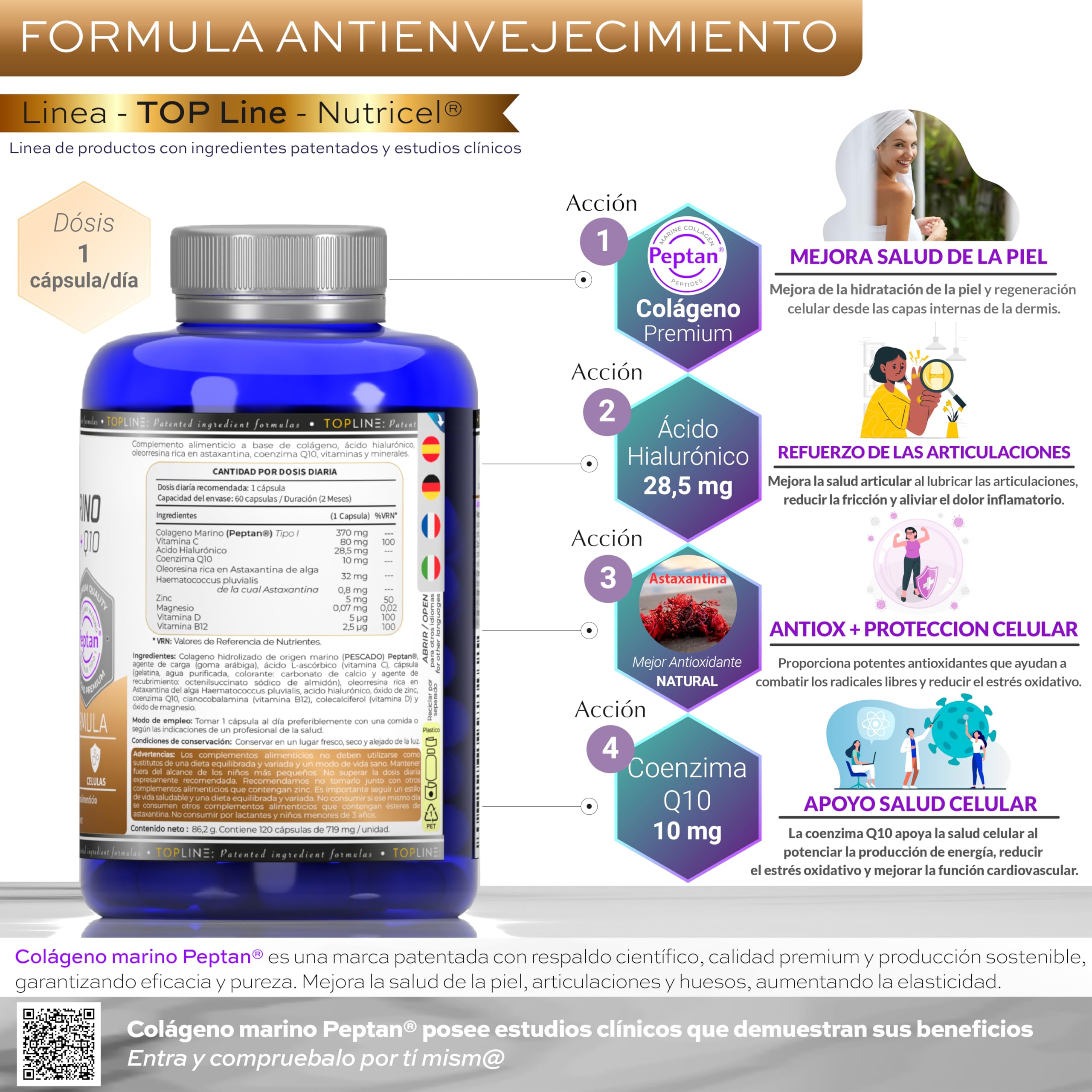 Colágeno Marino Hidrolizado Peptan® + Ácido hialuronico + Magnesio + Astaxantina + CoQ10 + Zinc + Vitaminas C, D3 y B12 - Articulaciones Fuertes, Piel Tersa y Energía - Probada en laboratorio