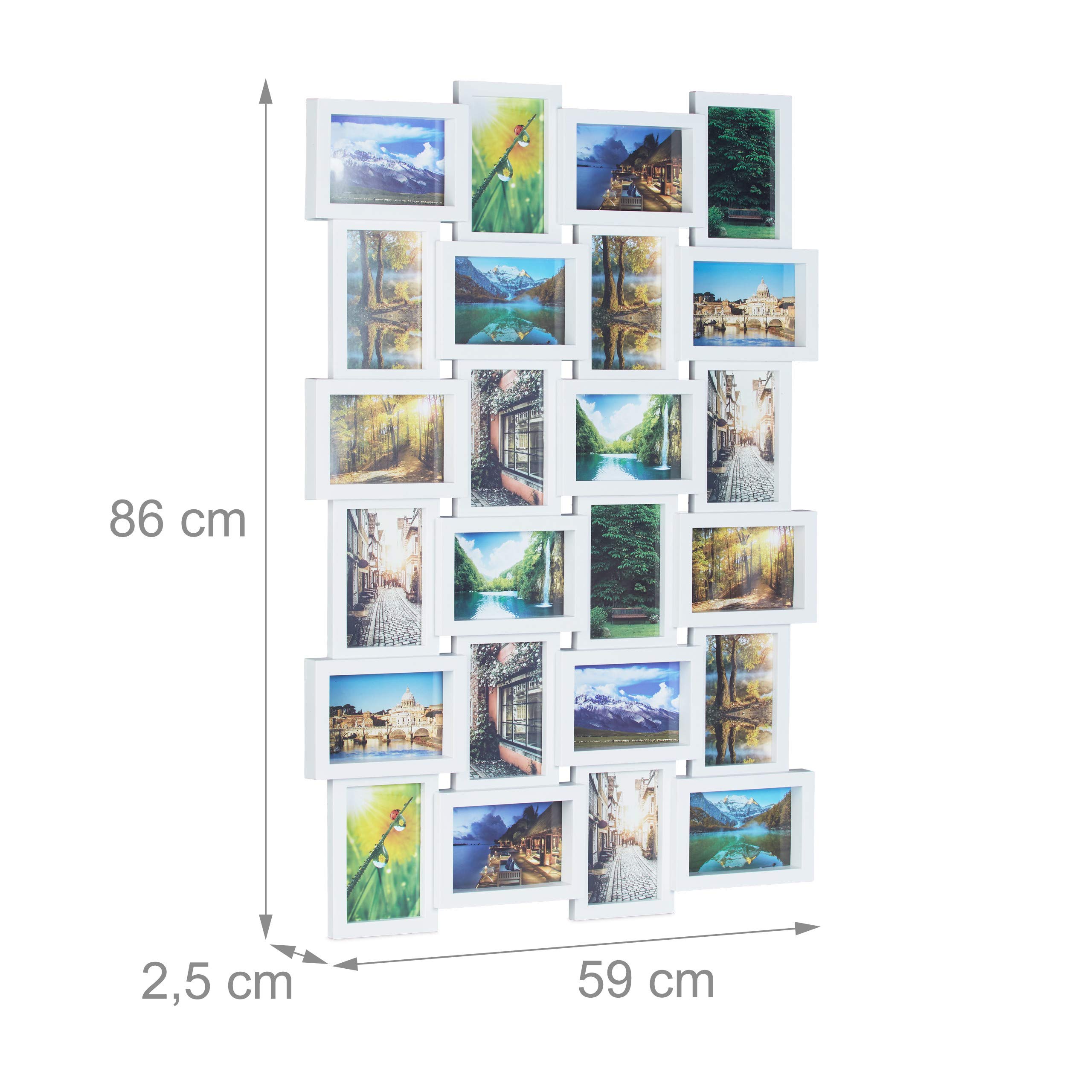 Relaxdays Cornice Portafoto Multipla, 24 Fotografie da Parete HxL 59 x 68, Verticale & Orizzontale, Porta-Foto, Bianco