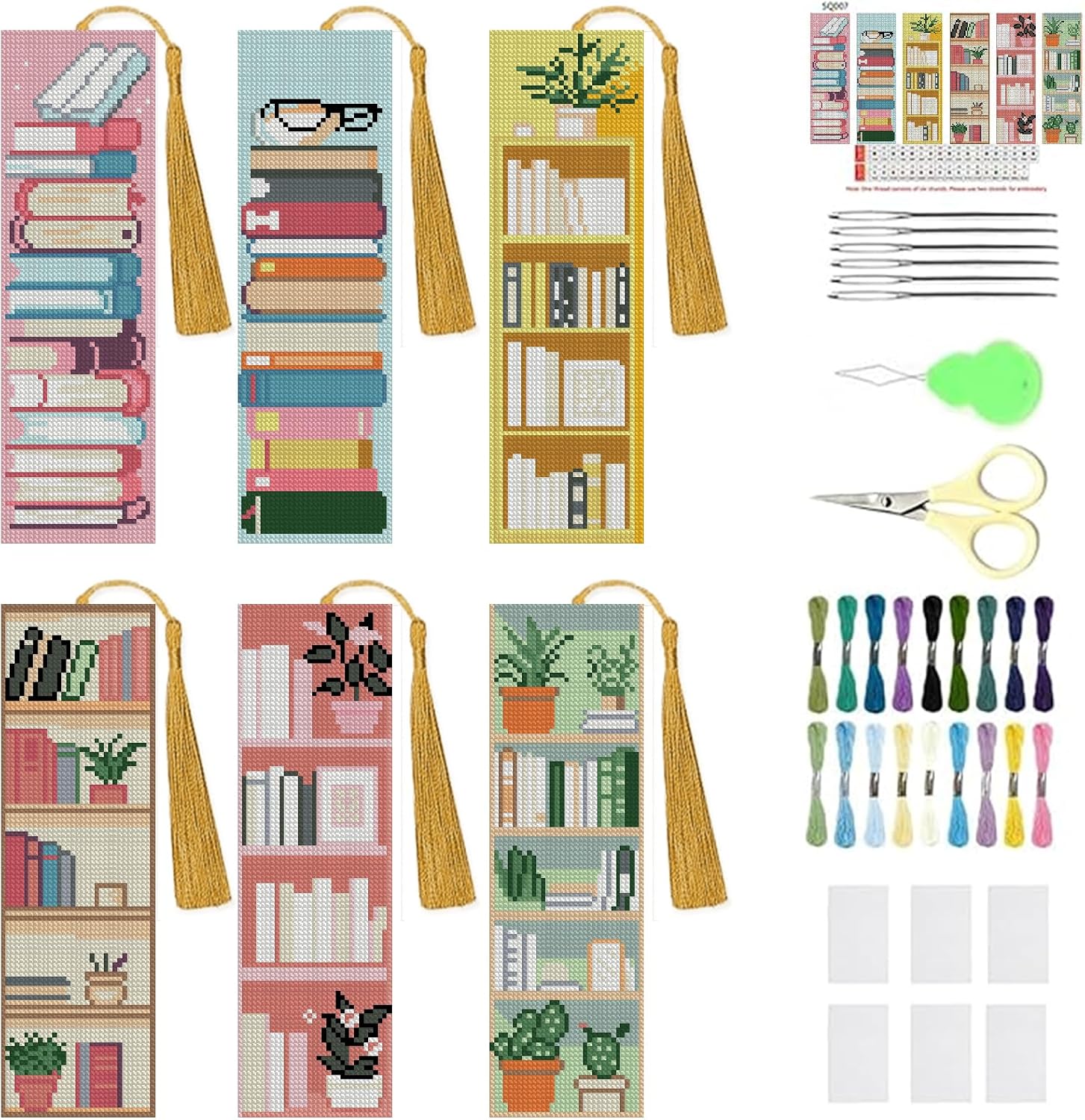 KYOQFVN 6 Pack Book Store Cross Stitch Bookmark, Cross Stitch Bookmarks Kit for Beginners Adults, 14CT Embroidery Bookmark Kit for Book Lovers Starter Craft 6 x 20cm