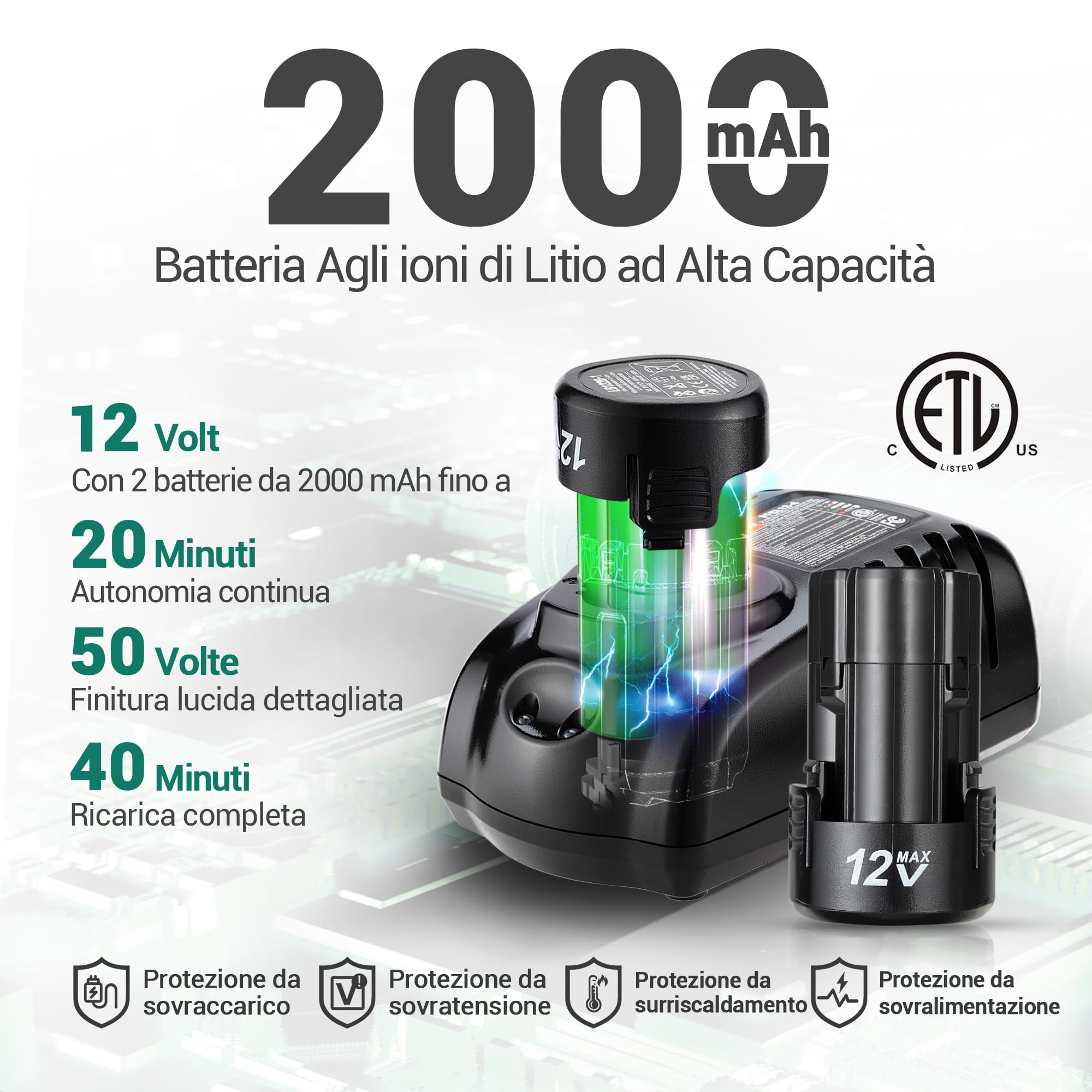 DCA Lucidatrice Auto a Batteria 12V, 75mm Mini Lucidatrice Rotativa Lucidatrice Senza Spazzole e 50mm Levigatrice, 2 Batterie da 2,0Ah, 2 Velocità 2800-8300 RPM per Lucidare, Cera e Pulire