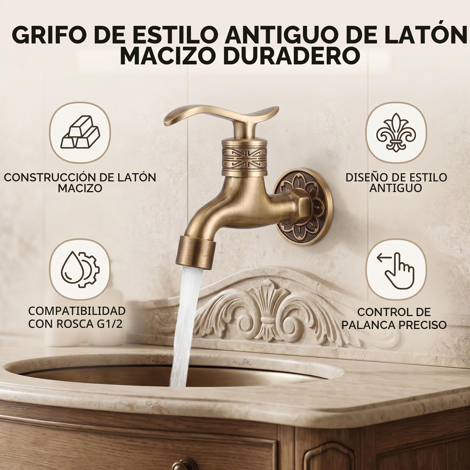 Genérico Antiguo Faucet Latón Palanca Manija Lavandería Baño Montaje En Pared Lavadora Faucet Manguera De Jardín Exterior Solo Grifo Frío Largo
