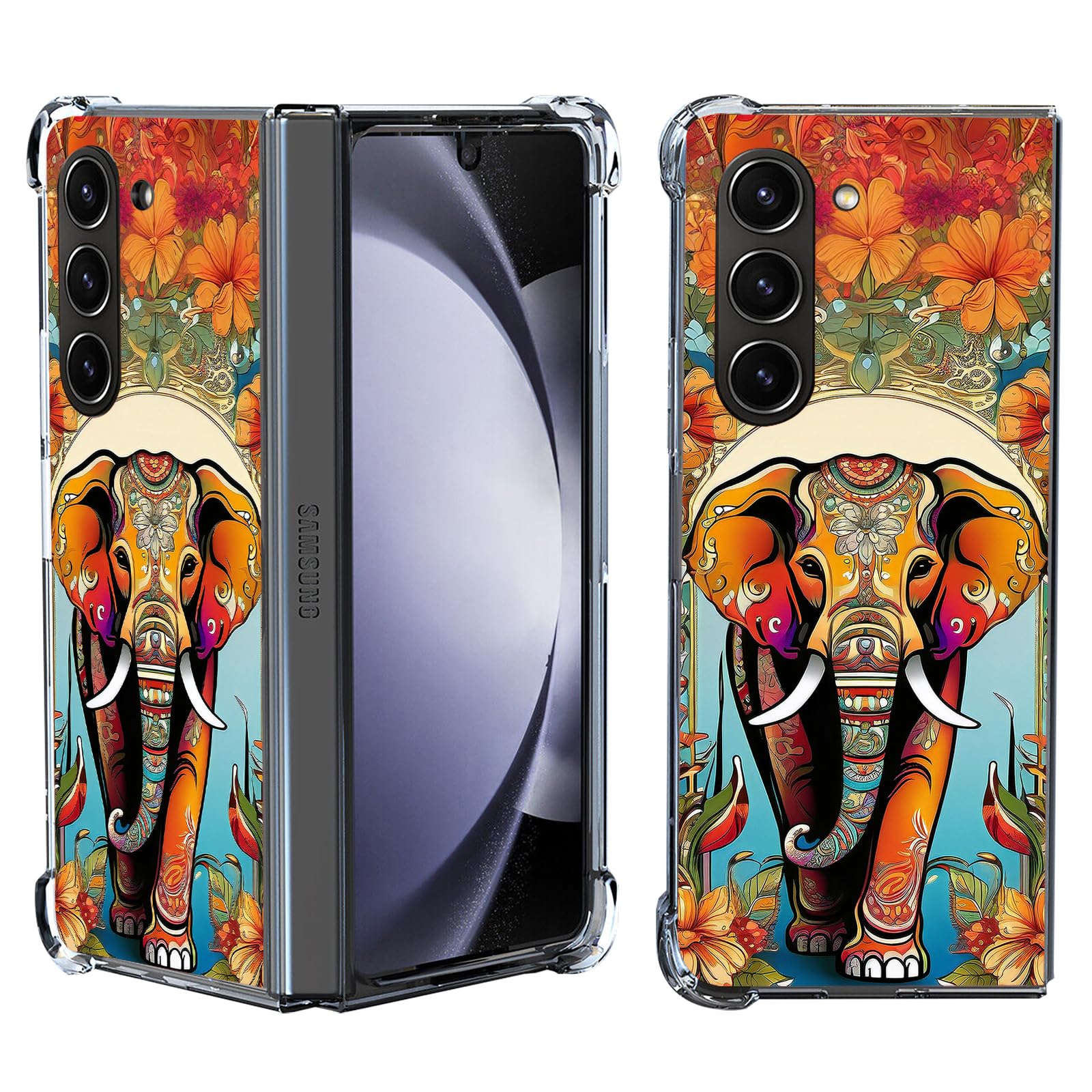Beaucov Case for Samsung Galaxy Z Fold 6,Orange Elephant Flowers Drop Protection Shockproof Case TPU Full Body Protective Scratch-Resistant Cover for