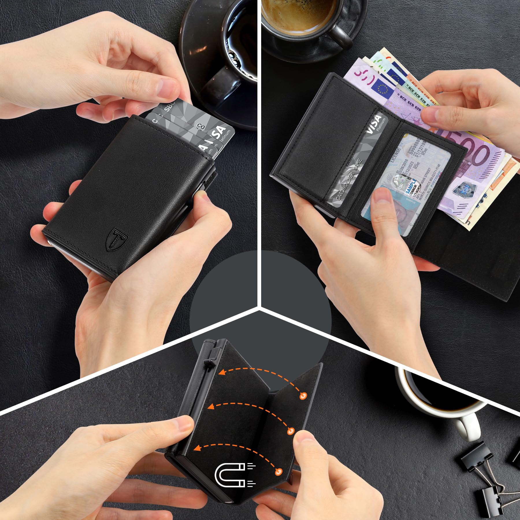 TENBST Portafoglio Uomo Slim, Portacarte in Pelle con Protezione RFID, Porta Carte di Credito Uomo Piccolo, Porta Tessere con Portamonete e Scomparti Banconote - Confezione Regalo