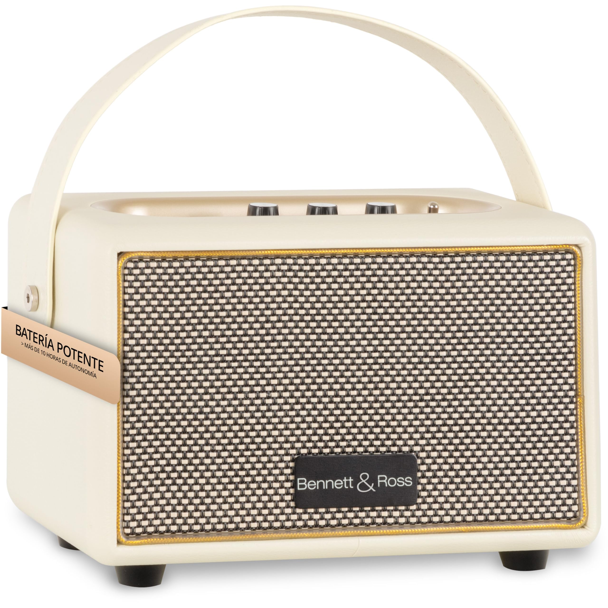 Bennett & Ross BB-820CW Blackmore Junior - Altavoz retro Bluetooth con aspecto de cuero y batería de 5200 mAh - Altavoz vintage 20 W - Entrada MicroSD reproductor MP3 - Entrada auxiliar - Blanco crema | Altavoz Bluetooth® premium, Carcasa con acabado en c