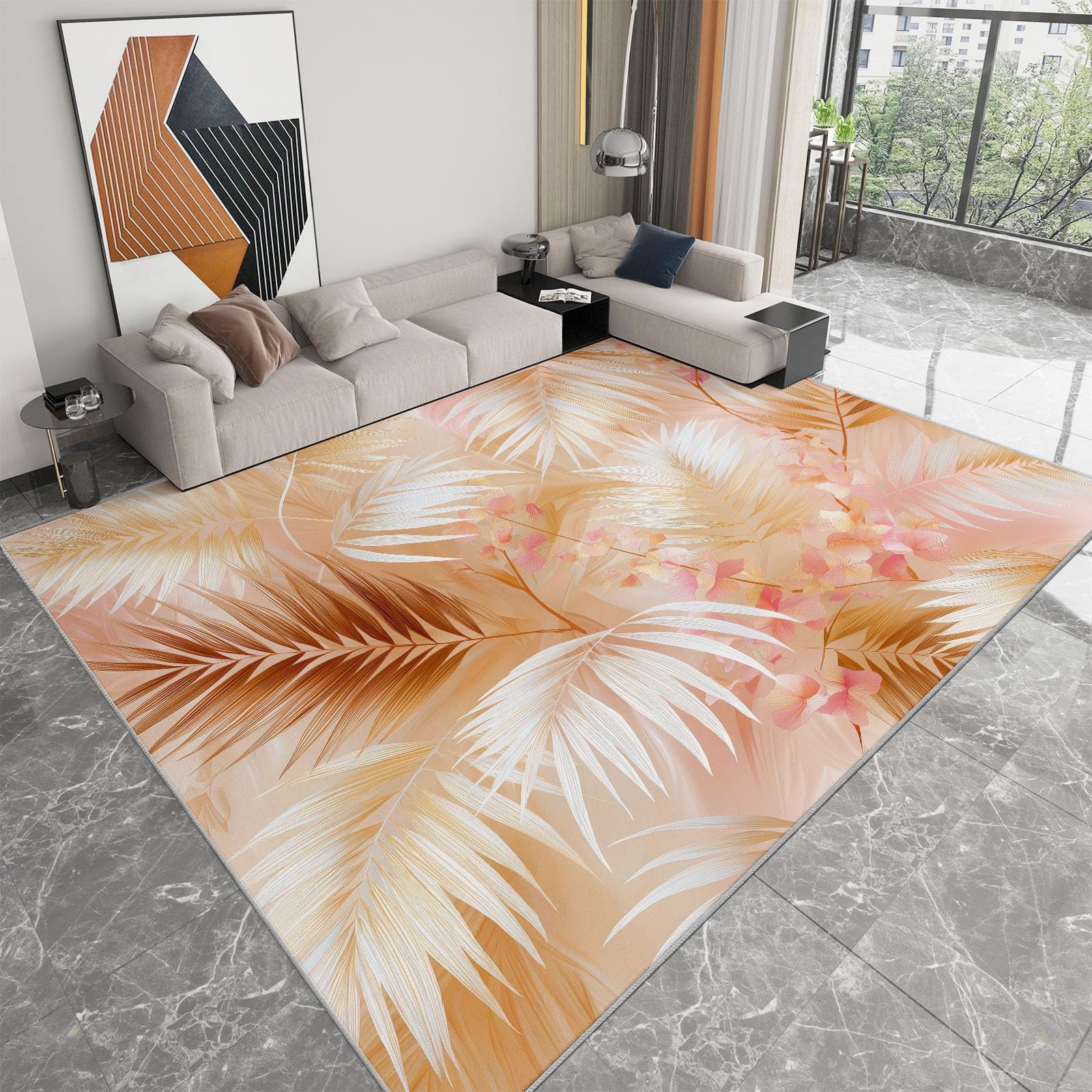Generico Dywan do salonu z krótkim włosiem 160 x 230 cm można prać w pralce, antypoślizgowy prostokątny retro kwiatowy wzór liści druk artystyczny, do dekoracji domu sypialni beżowy