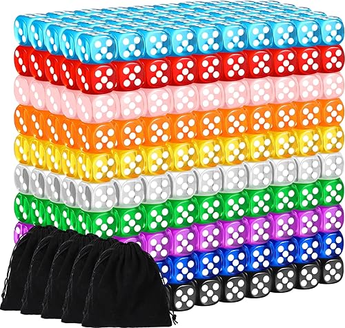 Simgoing Juego de 500 dados de colores de 0.630 in, 6 caras con 5 bolsas de cordón, mini dados a granel para dados de mesa, juego de aula, enseñanza