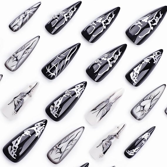 BABALAL Press on Nails Long Stiletto, Gothic Black Butterfly Alt Fake Nails