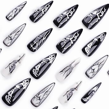 BABALAL Press on Nails Long Stiletto, Gothic Black Butterfly Alt Fake Nails