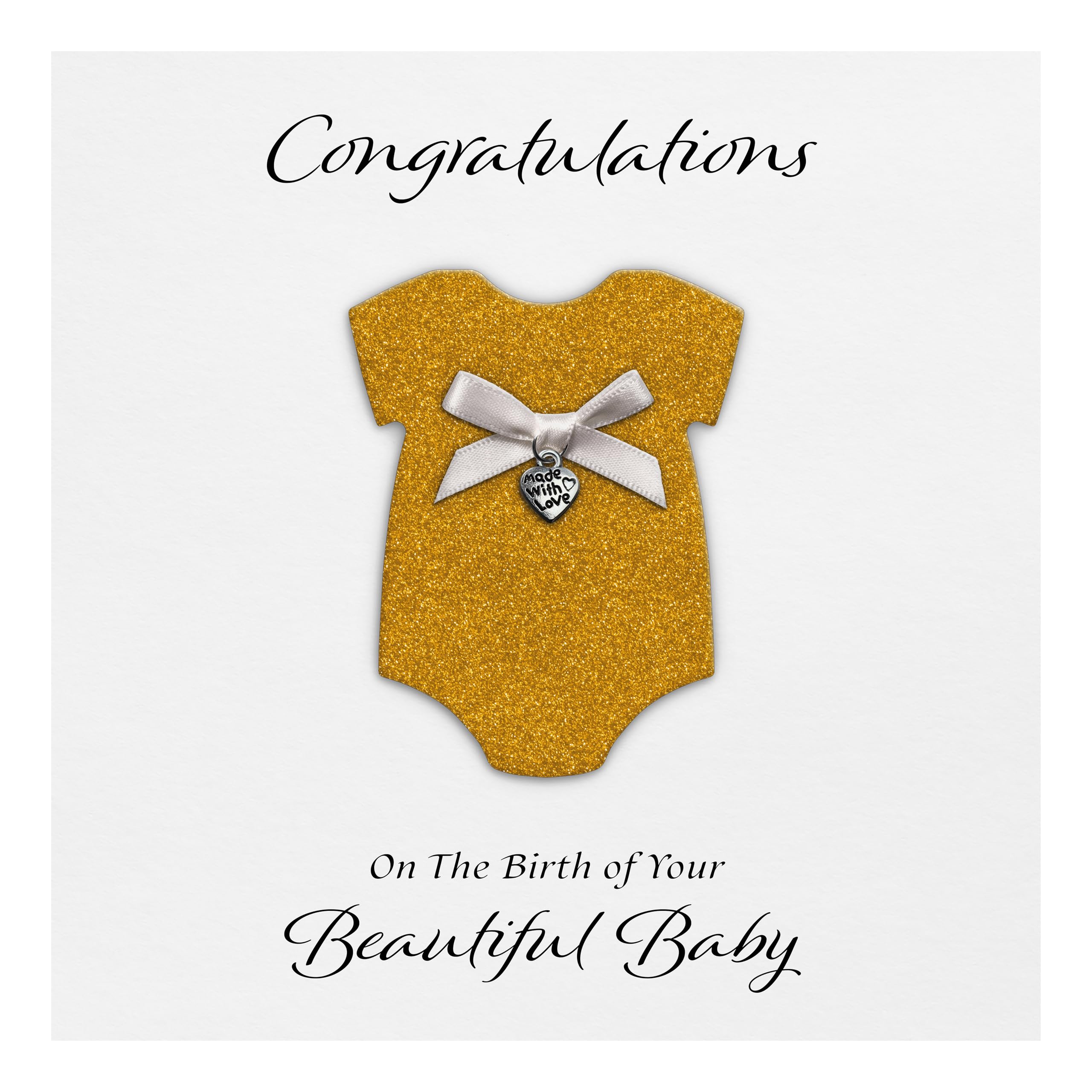 New Baby Card "Heart Charm & Bow" - Handmade UK (Gold Glitter) - Gold (Glitter)
