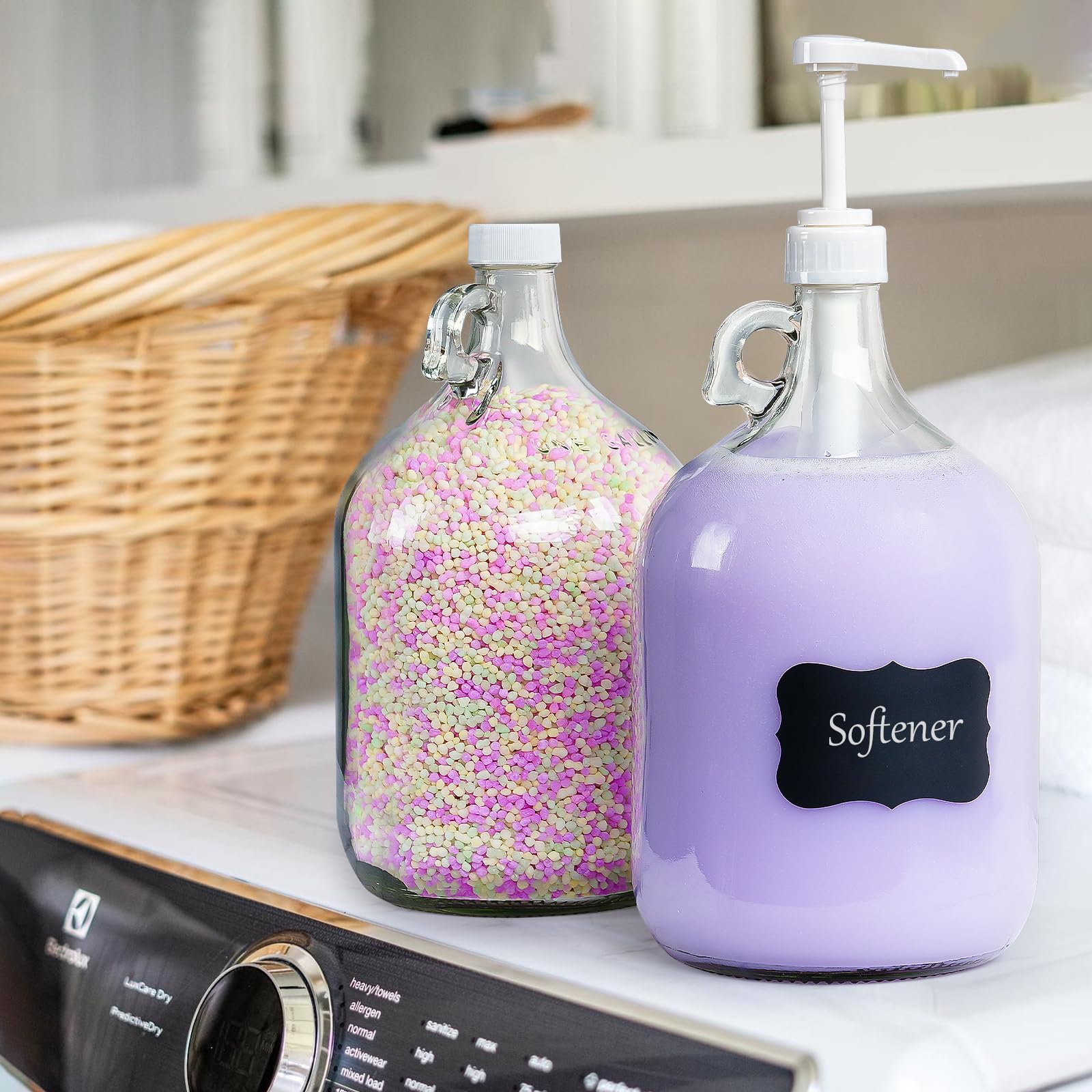 Paquete de 2 dispensadores de botellas de vidrio con bomba de galón con 3 bombas y 2 tapas herméticas, dispensadores de jabón de lavandería con 1 embudo, dispensadores de detergente líquido para