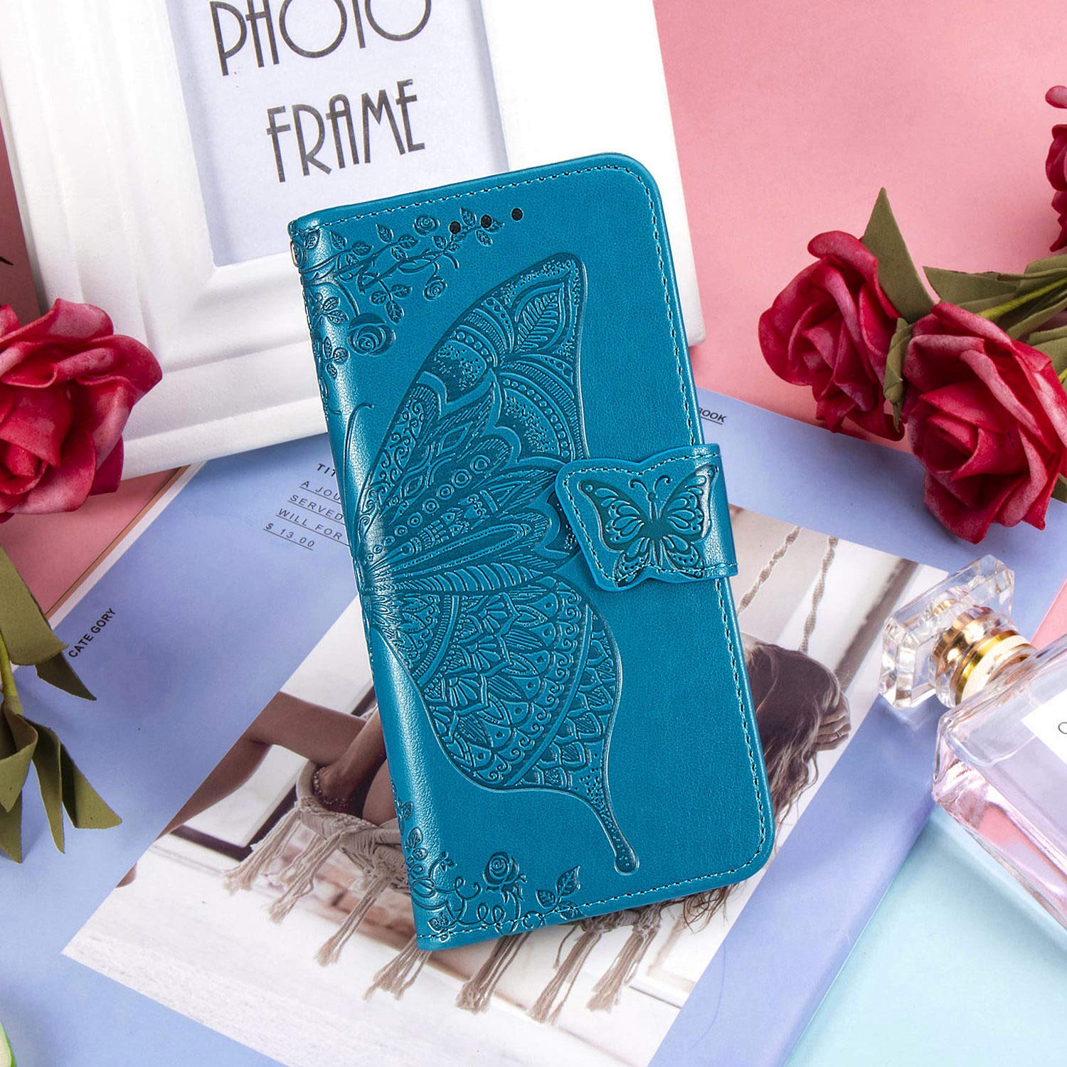 Dedux Portafoglio Custodia per Oppo A54 5G / A74 5G, Cover per a Farfalla con Fiore di Rosa in Rilievo [Funzione Stand] [Slot Cart] [Chiusura Magnetica]. Blu