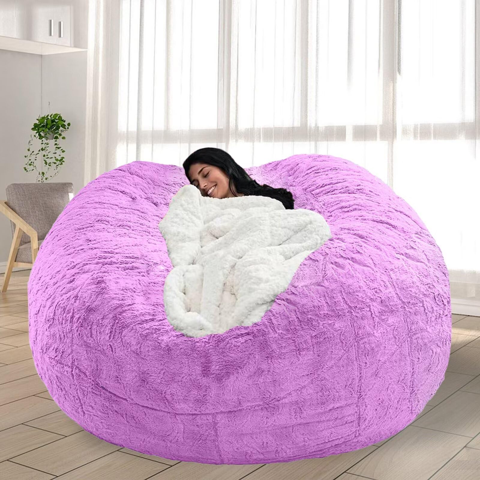 FIEATES Bean Bag Chair for Adults Kids No Filling Soft Oversized Round Bean Bag Couch Lazy Sofa Cover Love Sack for Bedroom Reading Chair, 5FT, Purple