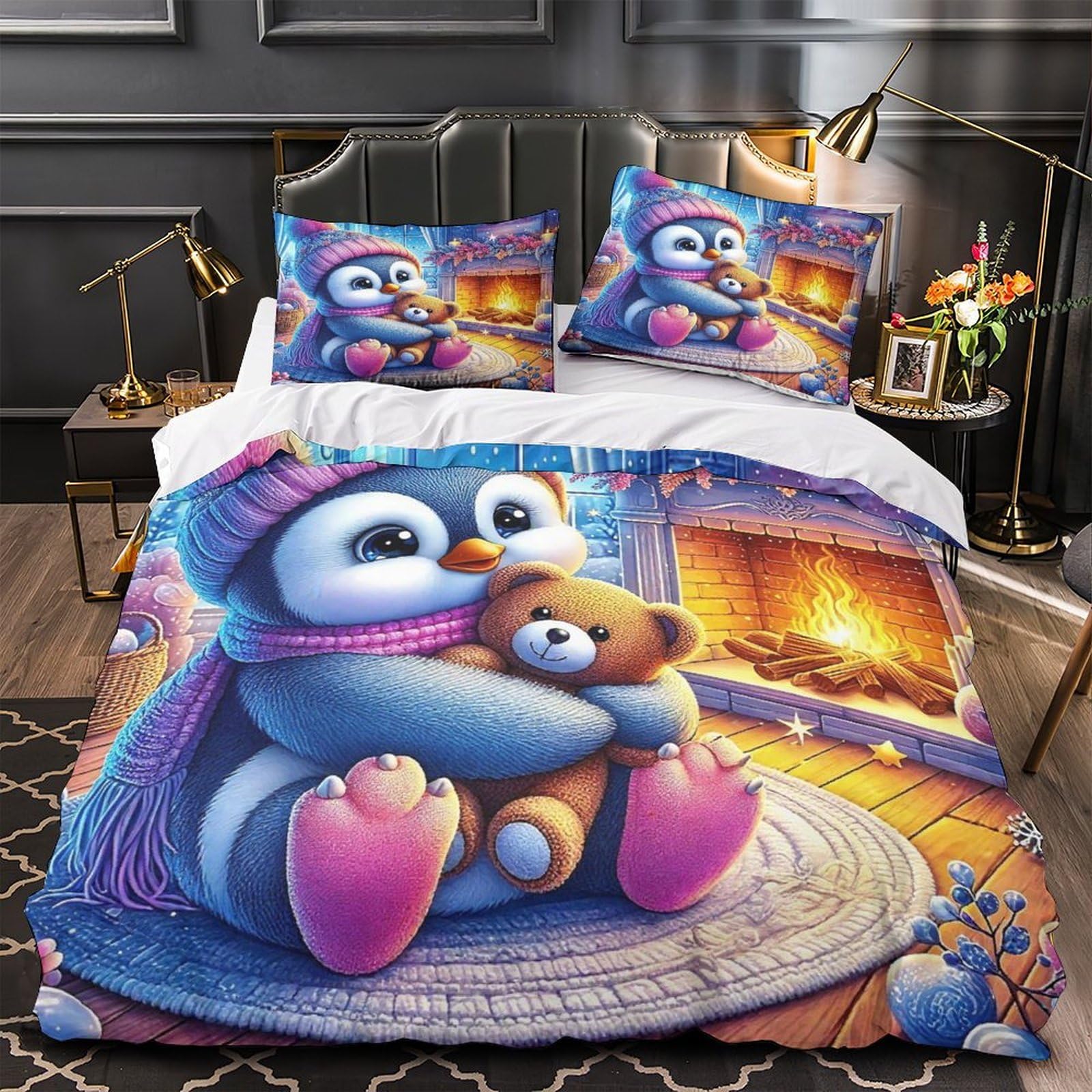 Housse de couette pingouin 200x200 cm en microfibre avec taies d'oreiller