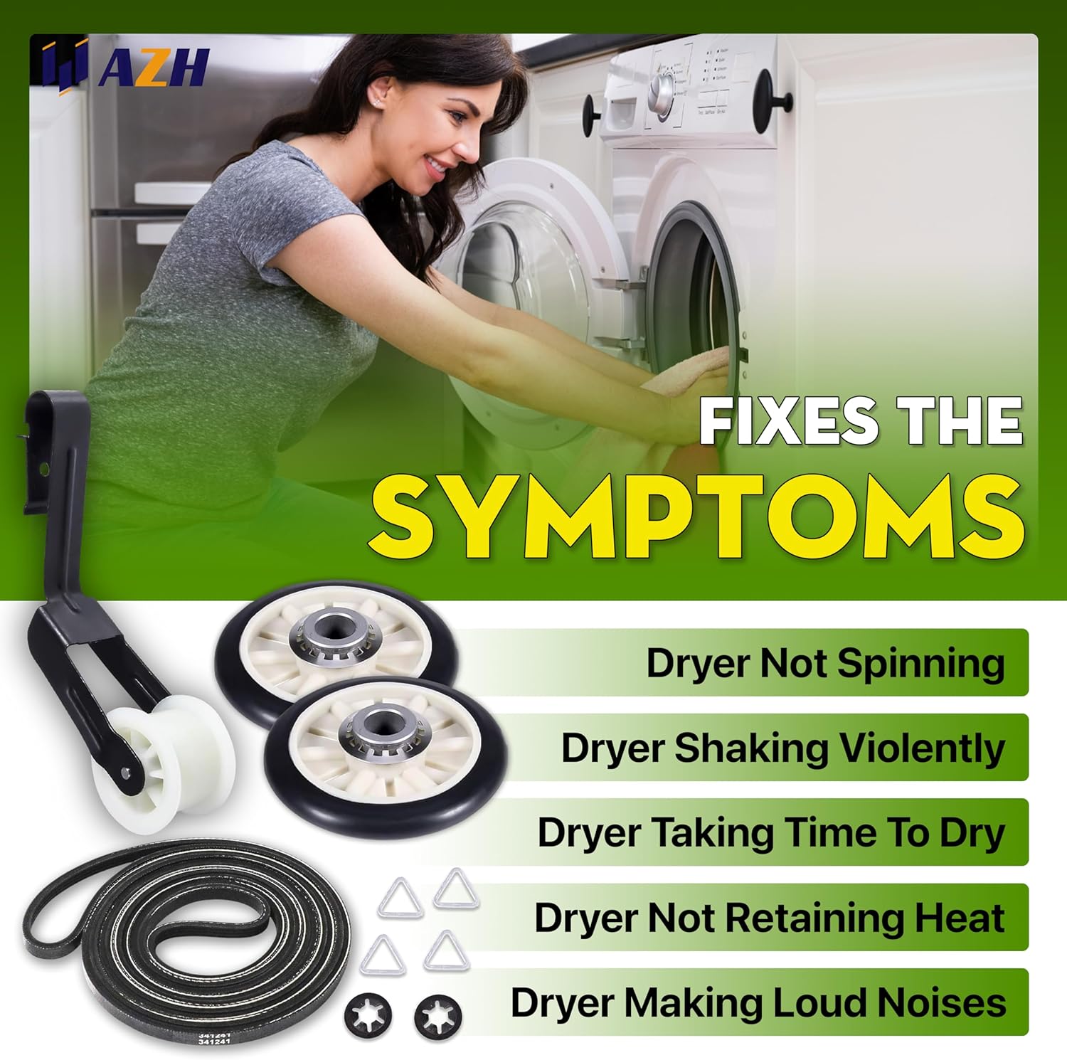 AZH Dryer Repair Drum Roller Kit Replacement For Kenmore 500 70 series, Kenmore 110.65132411 110.76842501 110.68332700 110.62702100 110.76732501 110.7008700 110.61804000 With Idler Pulley Belt