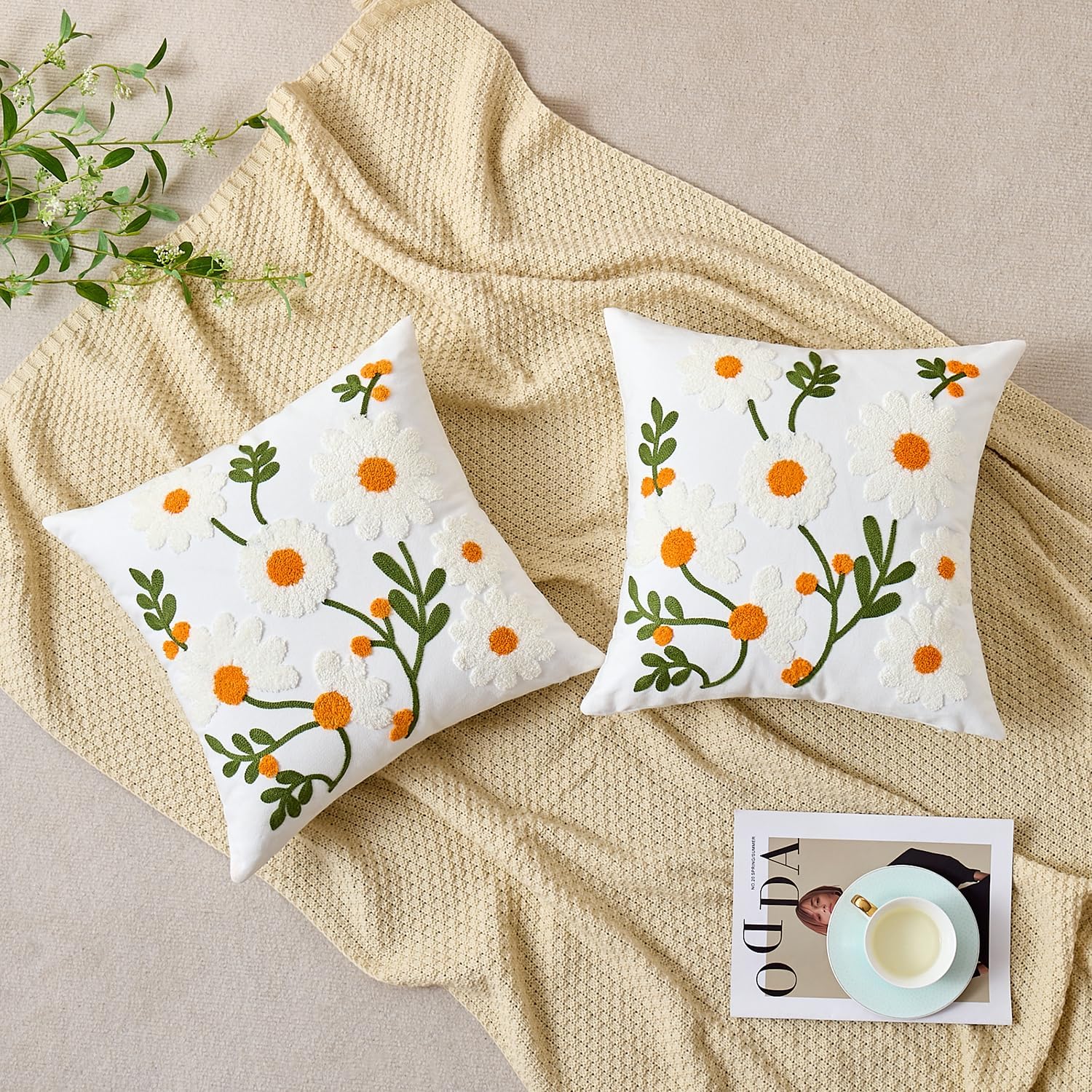 Embroidered Floral Throw Pillow Covers Decorative Tufted Couch Pillow Covers White Flowers Farmhouse Pillow Covers 20x20 Square Summer Cushion Cases Set of 2 for Living Room Couch Sofa Bed Home Decor