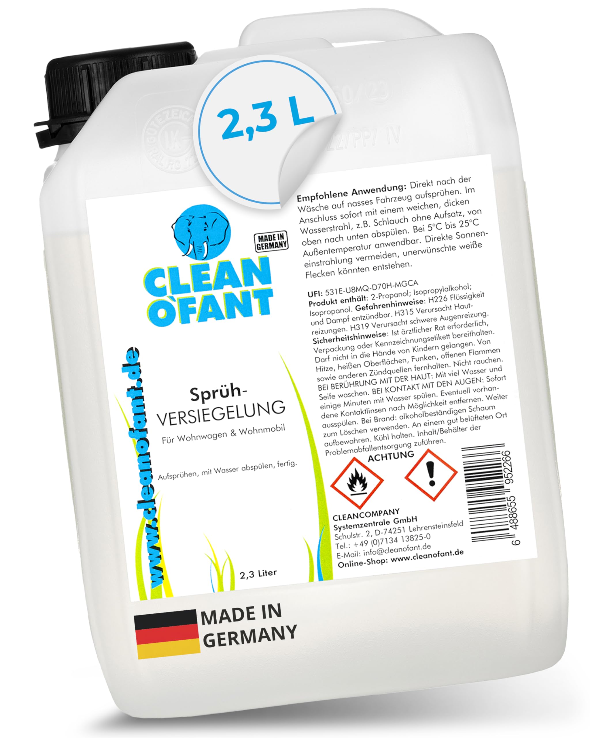 CLEANOFANT Sprüh-VERSIEGELUNG | 2 3 Liter | für Wohnwagen Wohnmobil Caravan | Versiegeln von Lack Gelcoat GFK Strukturblech Wabenblech Dach Folie ideal für große Flächen