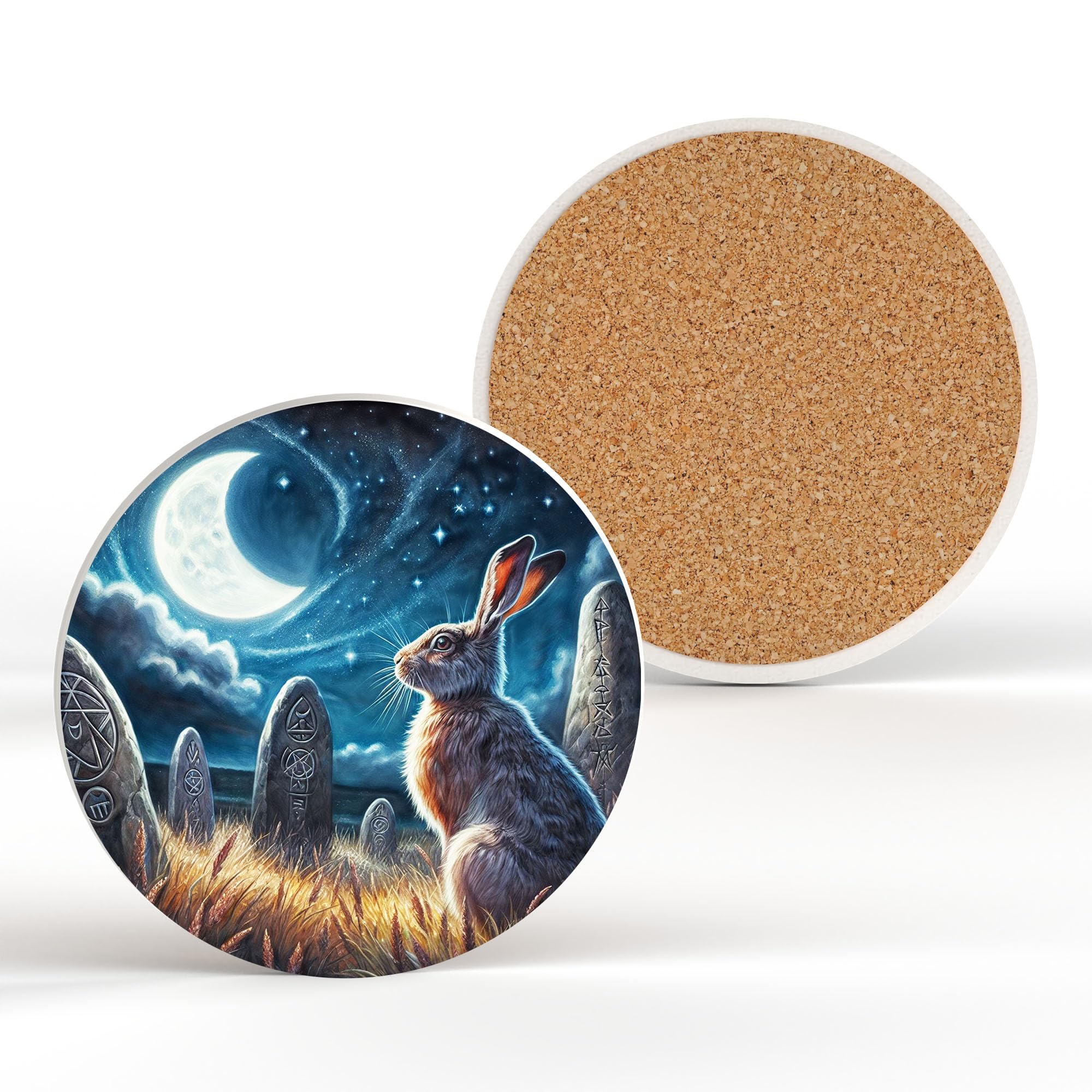 Hare Gazing In The Runes Spiritual Artwork On Ceramic Round Coaster