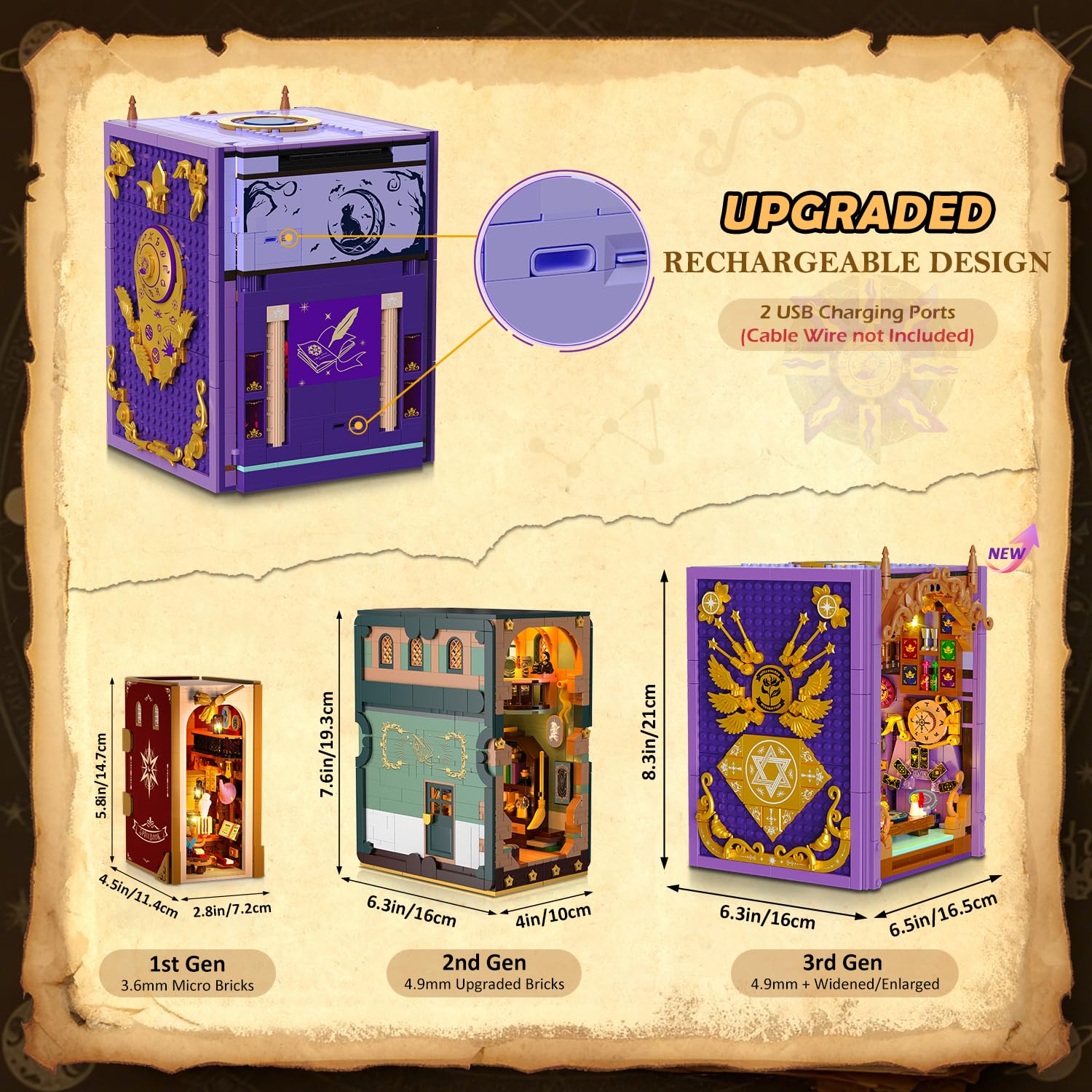 INSOON Oráculo místico libro Nook juguete de construcción con luz recargable, 1447 piezas DIY magia Booknook bloques de construcción como decoración del hogar, miniatura casa de libros, juego de
