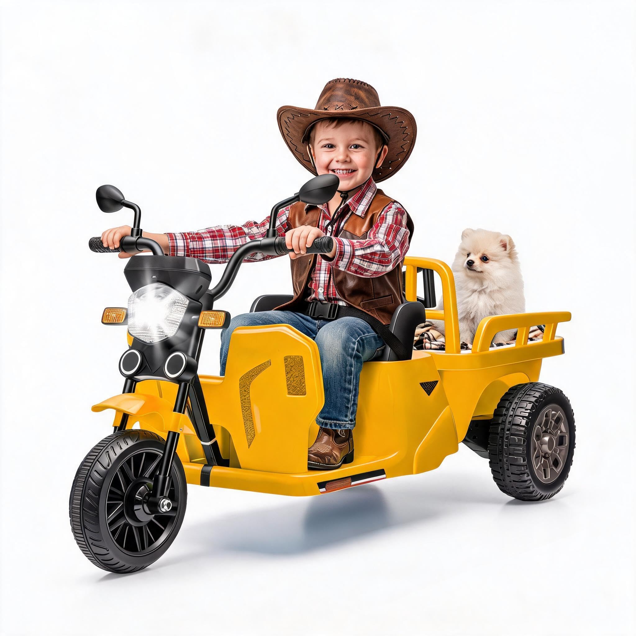 Kids Electric Motorcycle Ride-on ToyLED Lights Music Horn Dump Truck Storage Trailer for Ages 3-8 12V 3-Wheel Battery Powered Trike Yellow