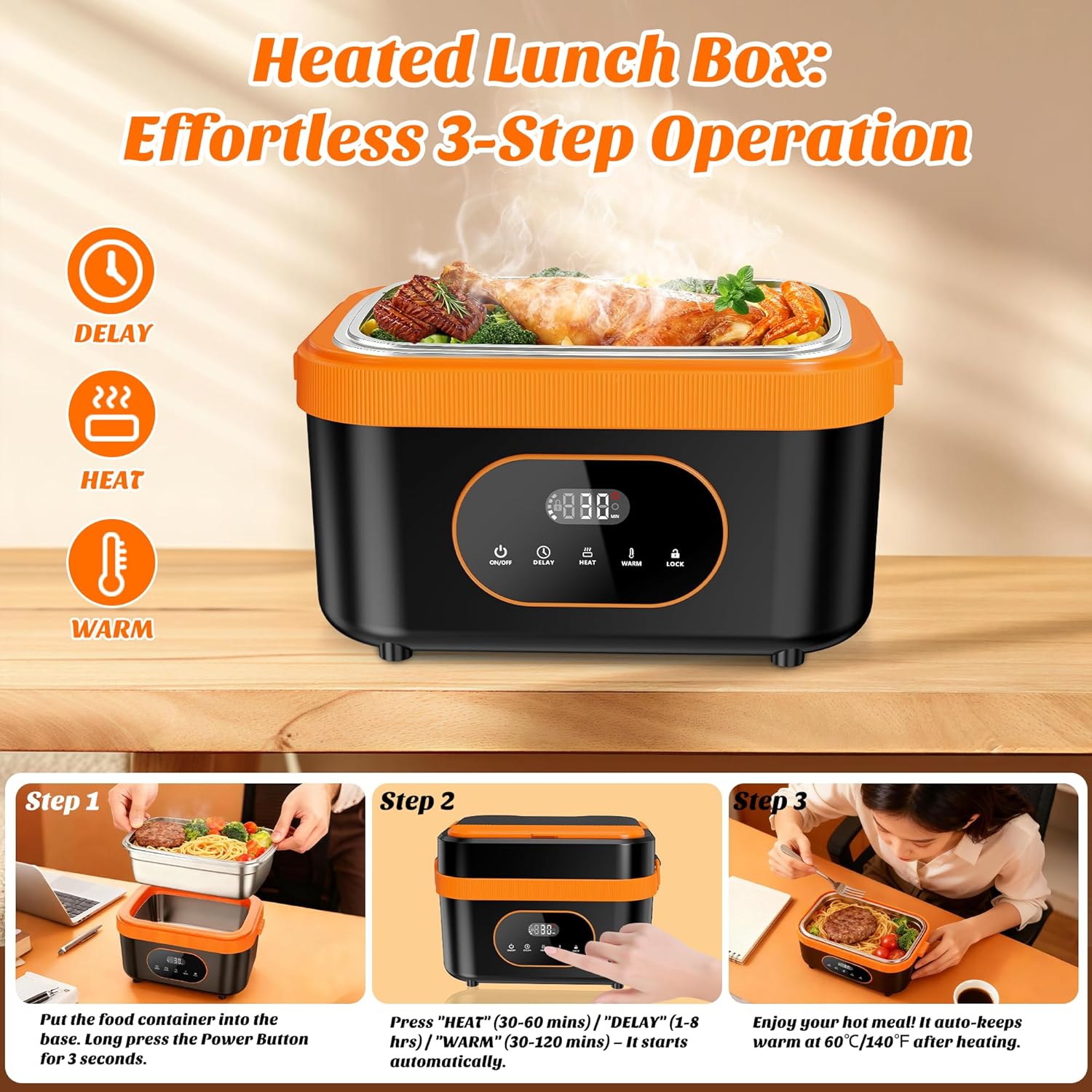 Cordless Heated Lunch Box, 6-Cup Capacity 1.5L 360° Rapid Heating, Battery-Powered Portable Electric Lunch Box with Smart Timer, Rechargeable for Work, Travel, Car, Home & Outdoors - Image 5