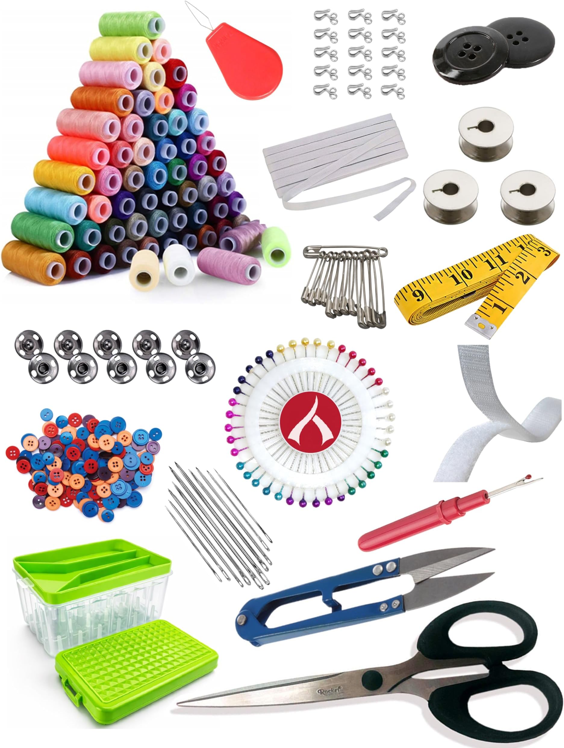 Aezzo 144 Pcs. Double Layer Tailoring Sewing Kit Box with 24 Thread Spool,Needles,Measure Tape, Dress & Trouser Hook,Bobbins,Shirt Buttons,Seam Ripper,Scissors,Pearl Pin with Sewing Kit Box.