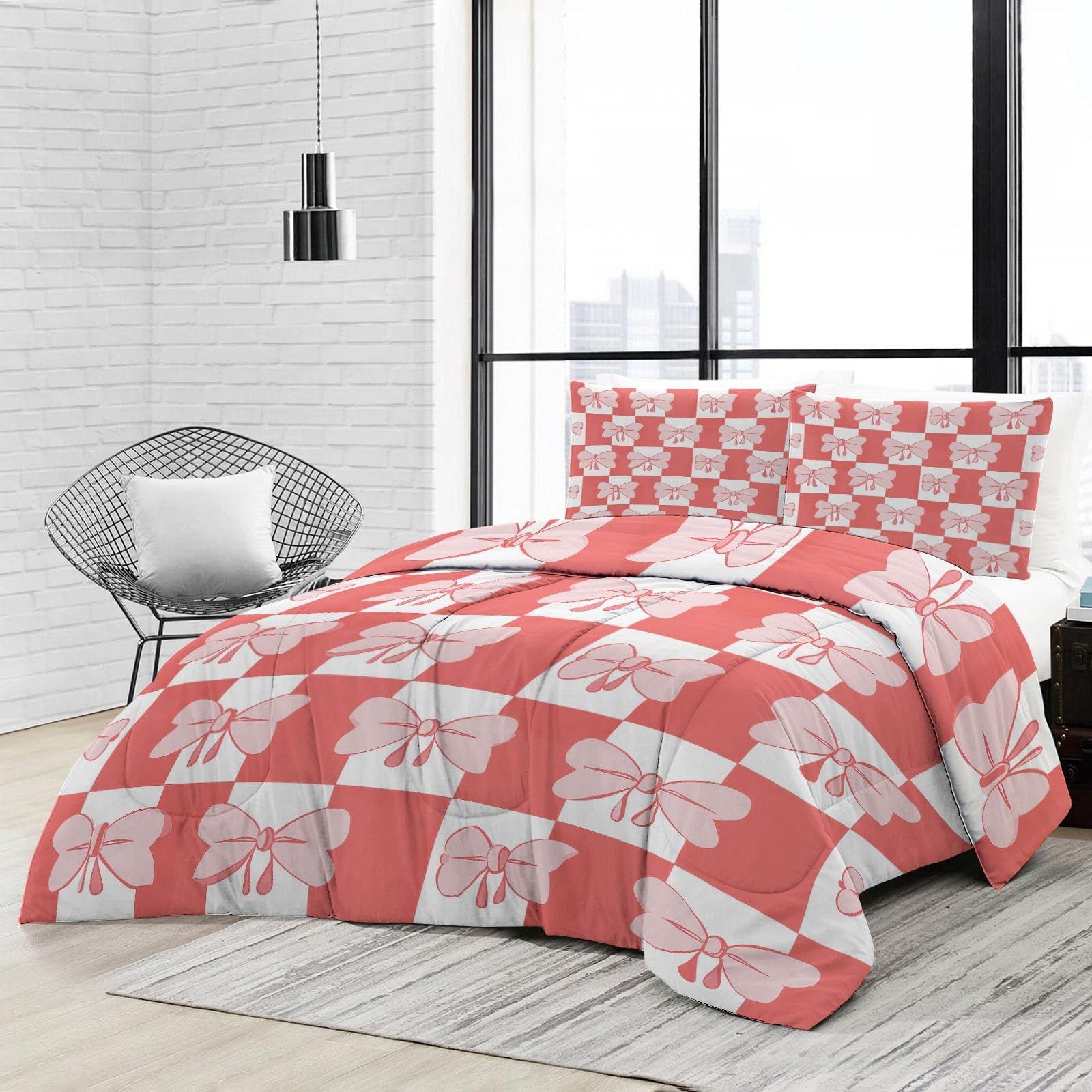 Generico Kołdra 150 x 200 cm Różowa Kokarda W kratę Kołdra 4 Pory Roku Ultra Miękki Dwustronny Nadruk Ultra Miękki Koc Na Łóżko Zimowe, Nadający się do prania, Kołdra dla Dorosłych Dzieci z 2