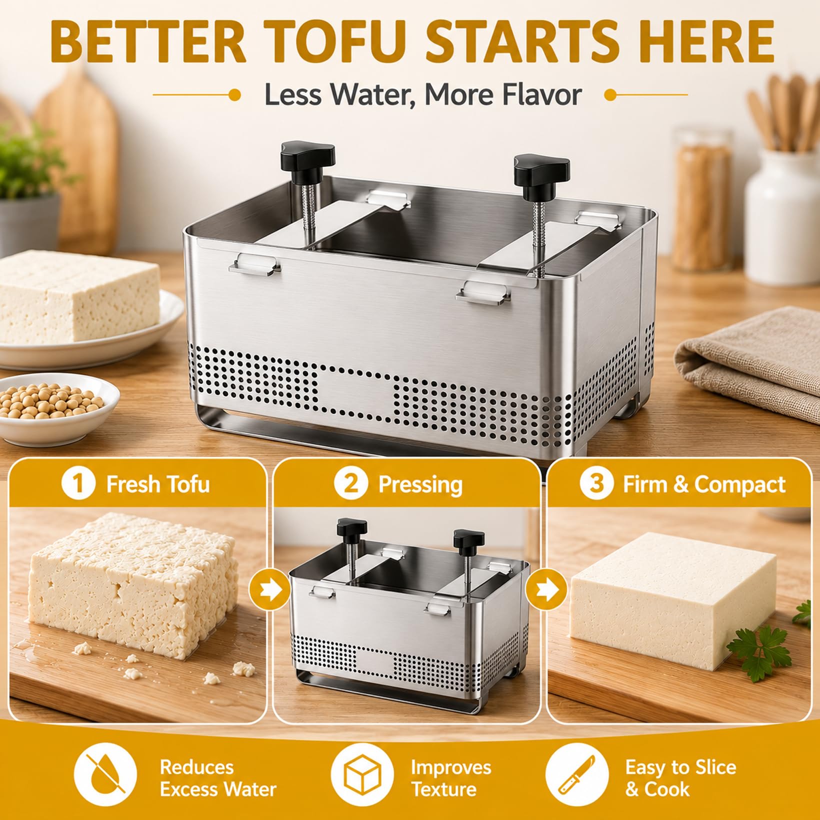 Tofupresse 304 Edelstahl, Tofupresse mit Käsetuch und Abtropfschale | 2kg Paneer Maker für Hausgemachten Tofu Paneer Käse(22x14x12cm)