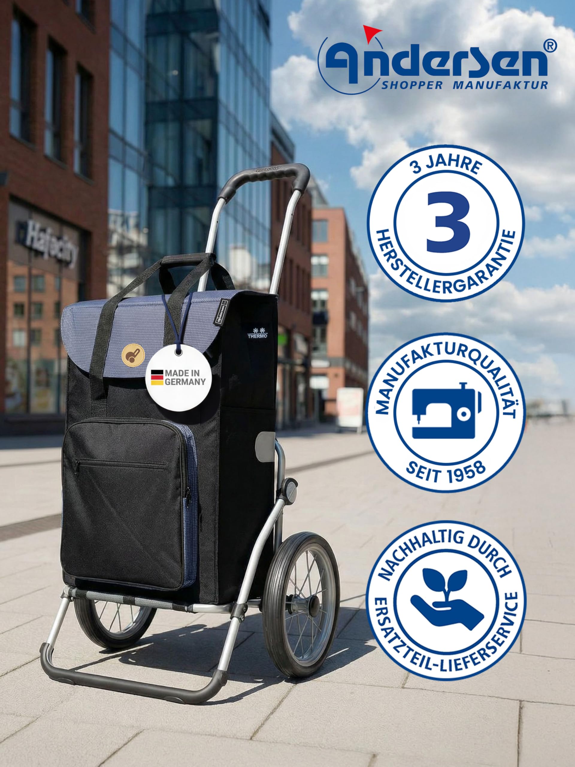 Andersen Einkaufstrolley - klappbar - 45 Liter - mit Kühlfach | Aufhängung für Einkaufswagen - belastbar 50 kg - Aluminium - Metallspeichen-Rad Ø 25 cm - Royal Shopper Wismar schwarz