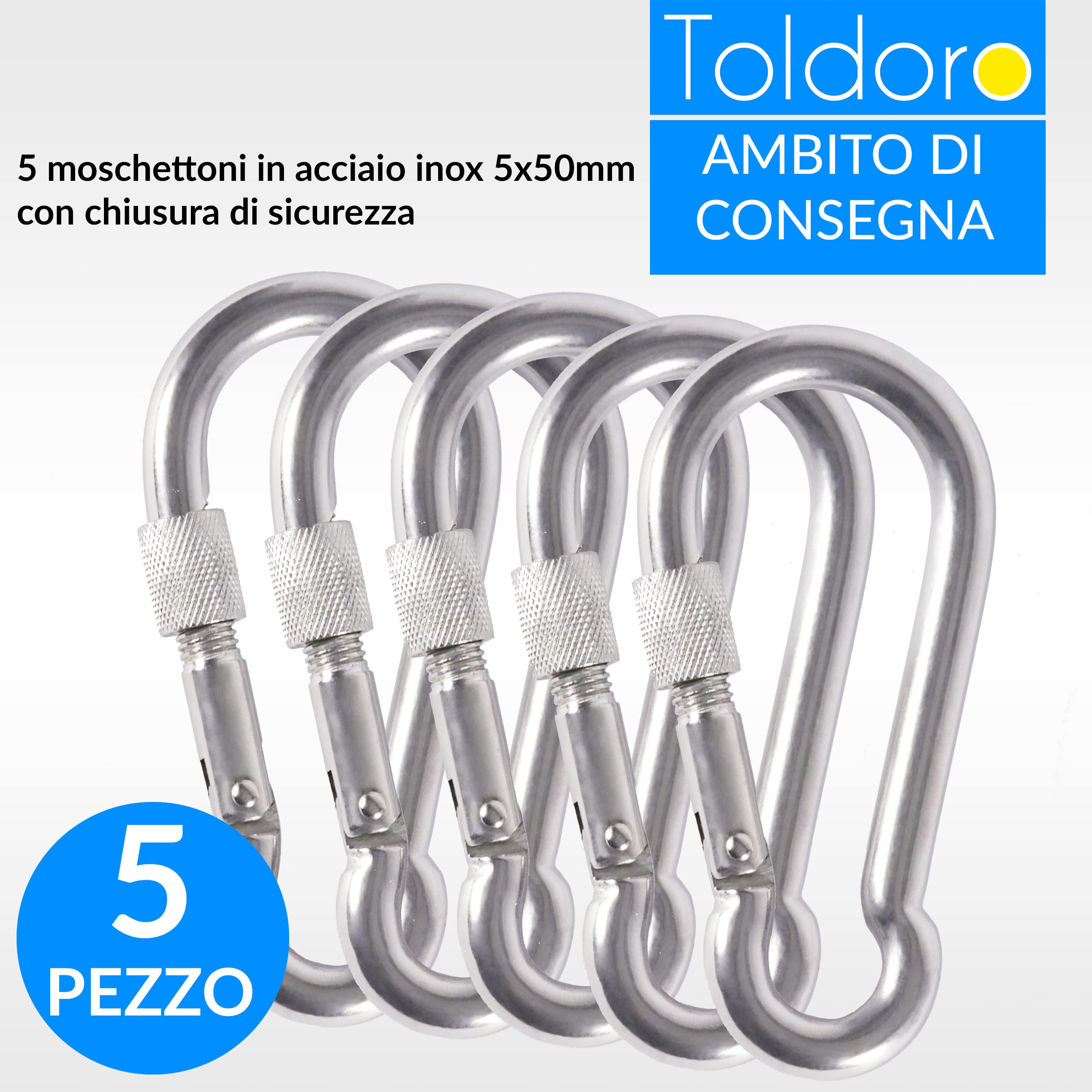 Toldoro Moschettone in acciaio inox con chiusura di sicurezza, moschettone 70 mm, moschettone per il fissaggio, moschettone in acciaio inox con chiusura