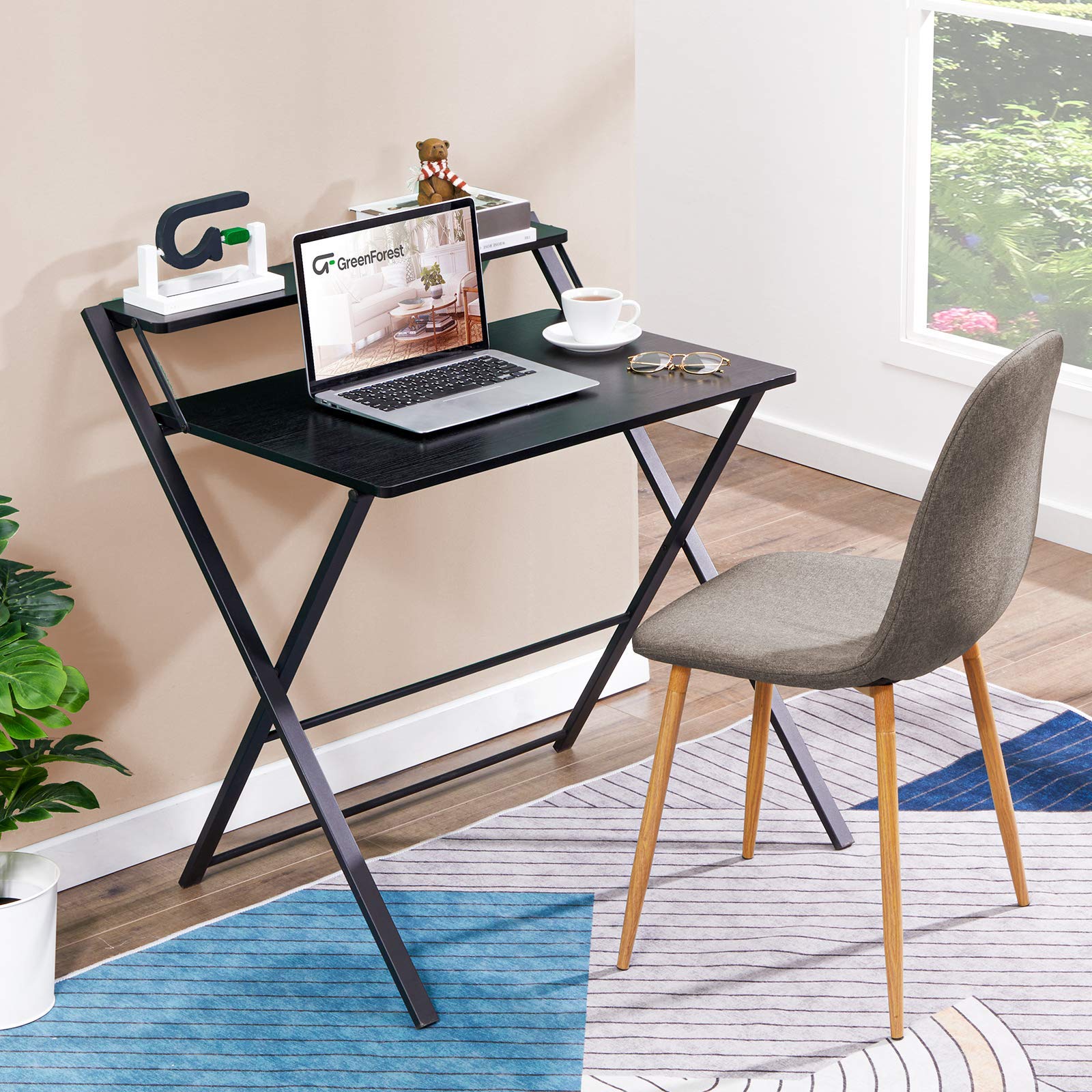 GreenForest Folding Desk No Assembly Required, 2Tier Small Computer Desk with Shelf Space