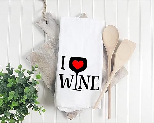 Toalla de cocina con texto en inglés I Love Wine  Toalla de cocina con texto divertido y humorístico, ideal como regalo de inauguración de la casa,