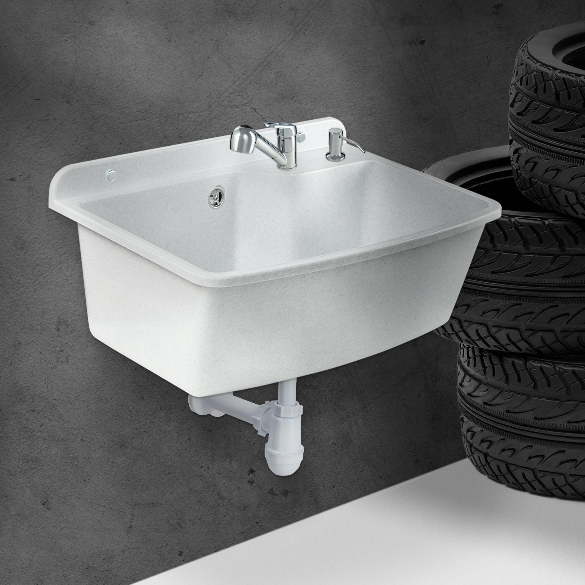 GOSPO Lavabo avec robinet extensible, 61 x 44 x 23,5 cm, bac de lavage avec distributeur de savon, siphon, évier avec accessoires, buanderie, lavabo industriel, blanc
