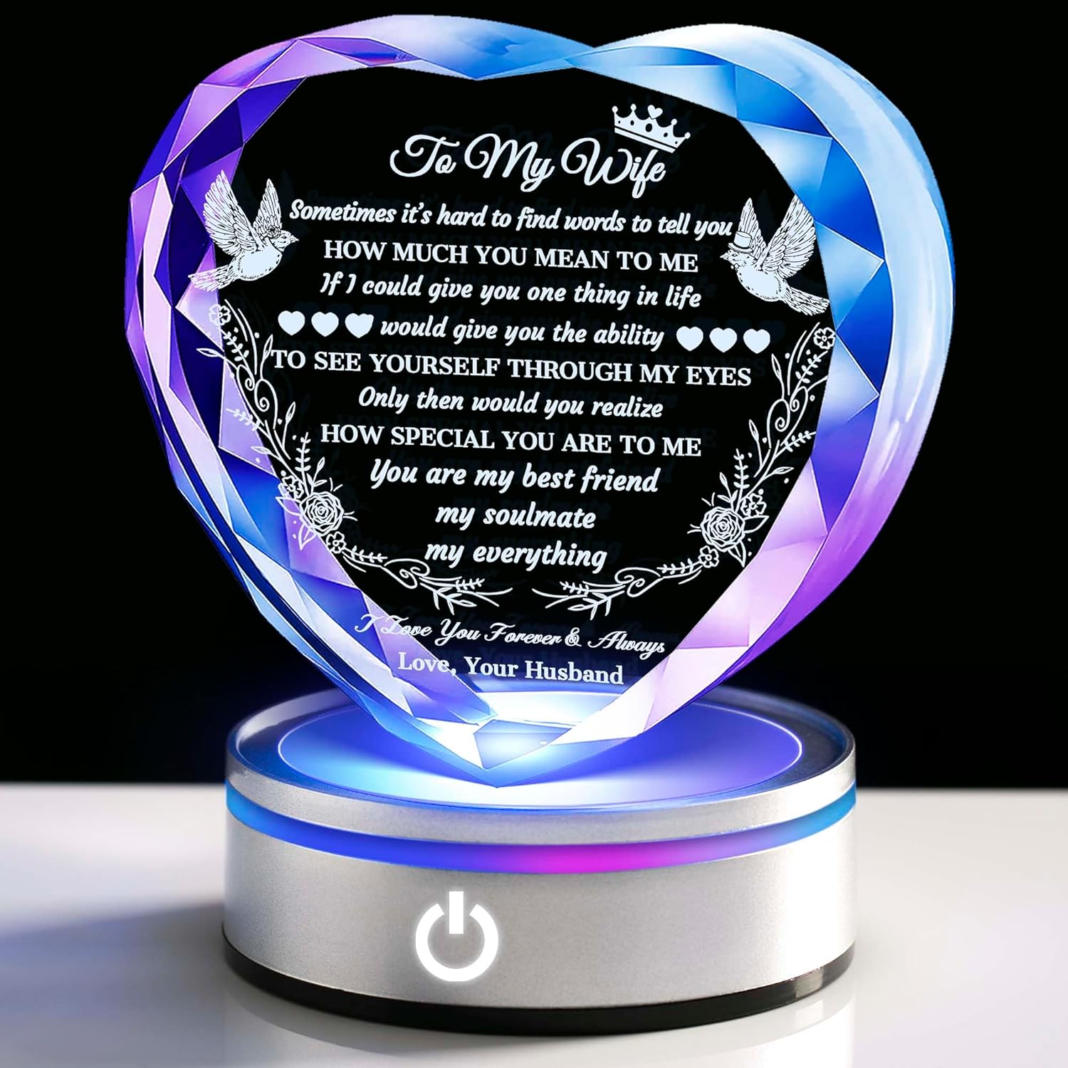 Gifts for Wife Crystal with Colorful LED Base, Anniversary Birthday Gifts for Women, I Love You Gifts for Her Wife Birthday Gift Ideas, Crystal Keepsakes Romantic Gifts for Valentine's Day