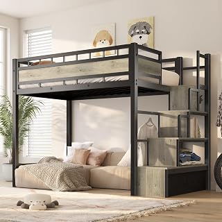 SogesSleep Twin Loft Bed with Storage Stairs, Sturdy Metal Frame, 53.5" Underbed Clearance for Desk, Teens Dorm Apartment Black