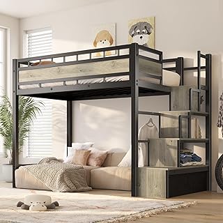 Loft Bed Twin Size with Stairs, More Sturdy Metal Loft Bed with Built-in Storage Stairs and Large Under-Bed Space, Used for Teens, Space Saving for Apartment or Dorm, No Box Spring, Black