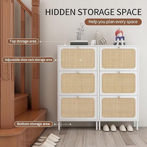 Miniatura 7 de YHAOWORKS Gabinete de zapatos de ratán natural con 3 cajones abatibles, zapateros de pie con patas de metal para tacones, botas, pantuflas (blanco)