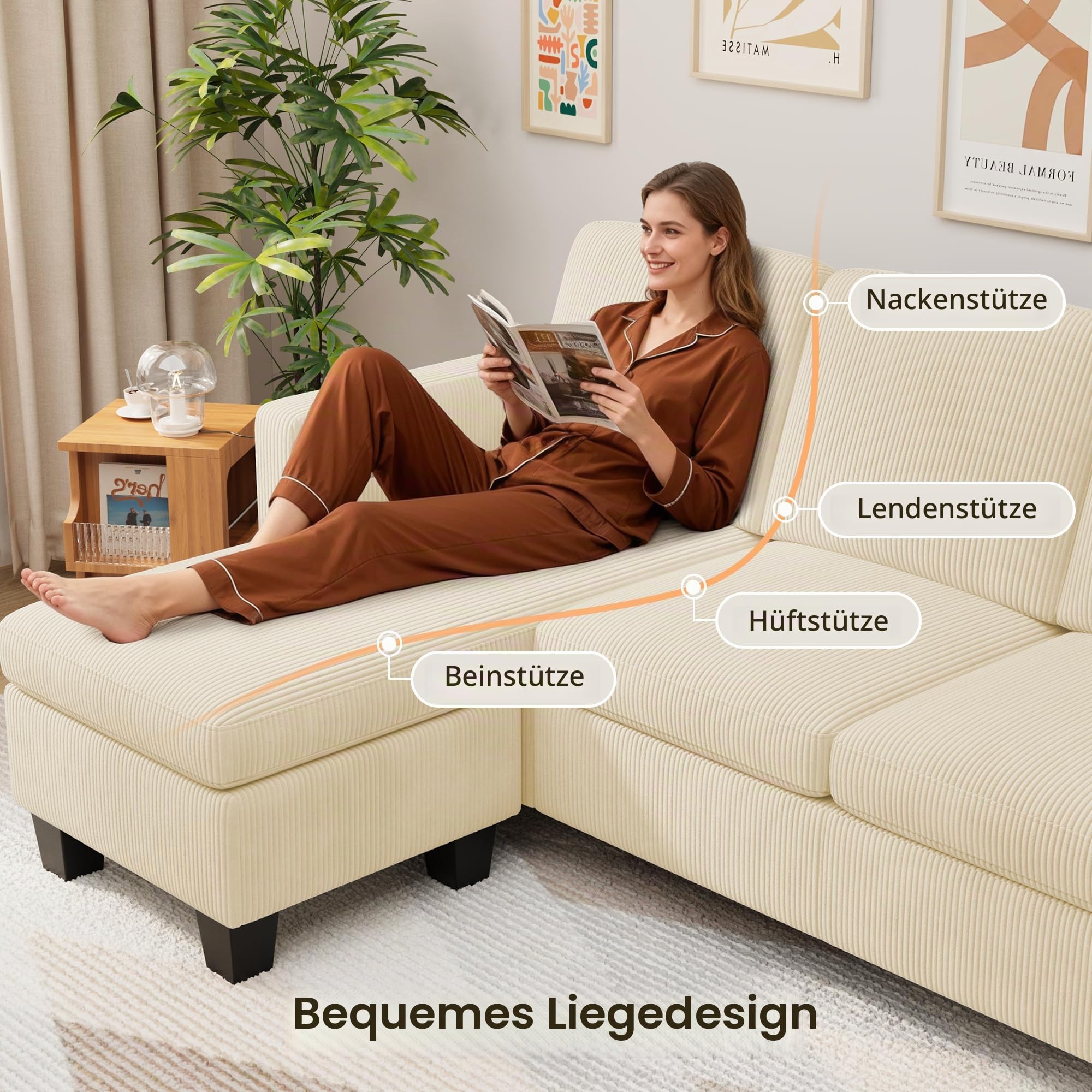 Xbro Ecksofa, Eckcouch L-Form Sofa Mit Ottomane, 3-Sitzer Wohnzimmer Sofa Für Kleine Räume, Modulare Chaiselongue, Cordbezug, Ergonomische Polsterung, 188 x 136,5 x 89 cm, Beige Küche, Haushalt & Wohnen