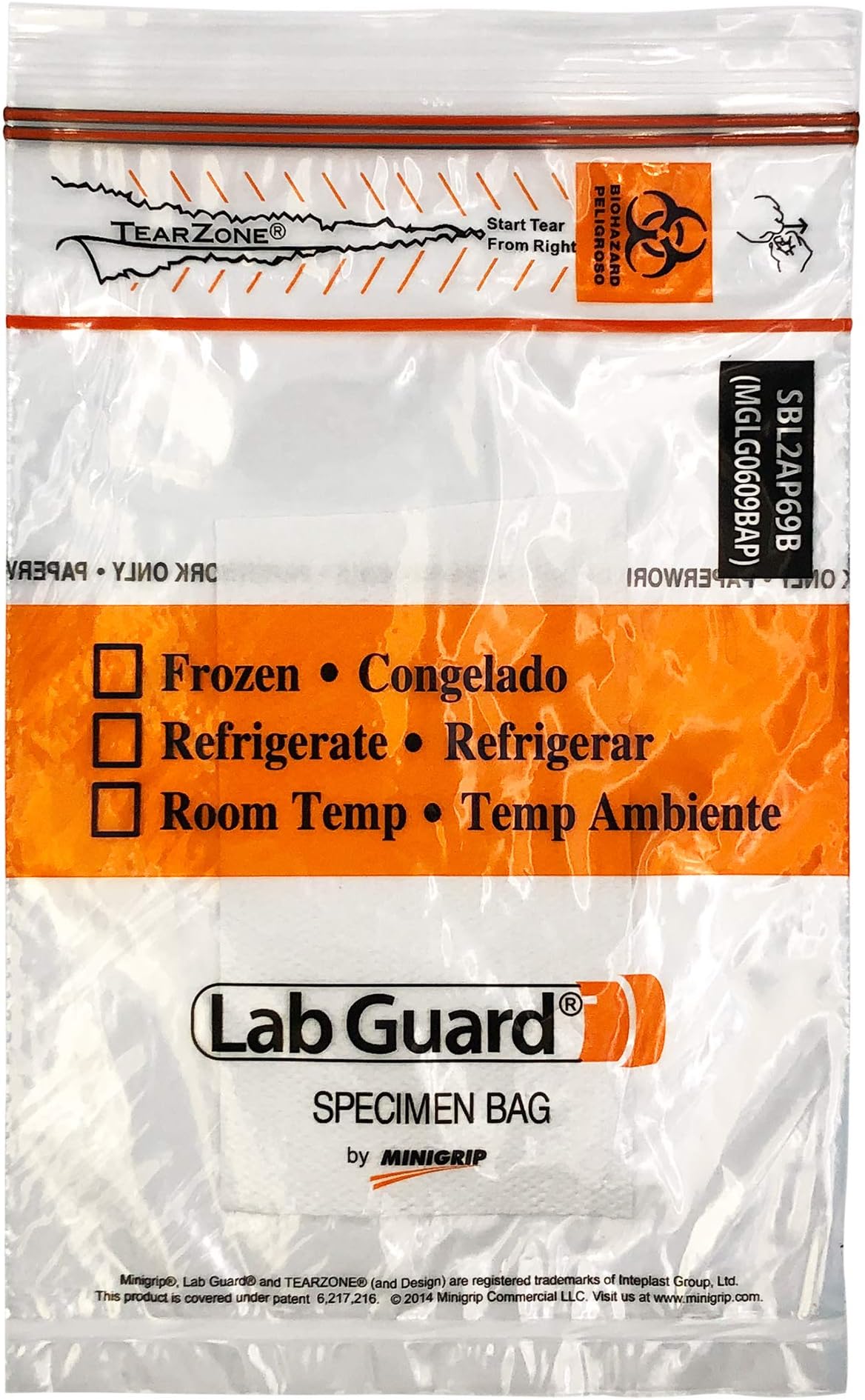 Lab Guard SBL2AP69B Polyethylene (LDPE/LLDPE Blend) Specimen Bag with TearZone and Absorbent Pad, Destroyable Biohazard Symbol 50 bags (Pack of 20)