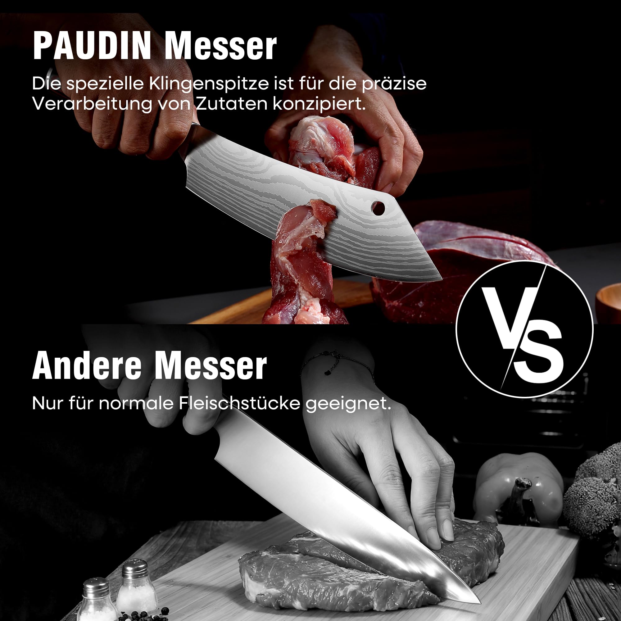 PAUDIN Coltello da cucina, coltello giapponese da 20 cm per disossare, ascia da cucina, coltello da cuoco in acciaio inossidabile di alta qualità, lama extra affilata con impugnatura ergonomica legno