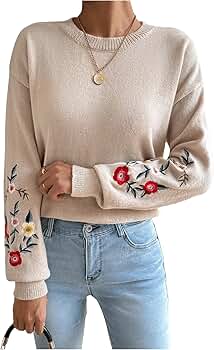 SOLY HUX Women's Floral Embroidery Sweaters Crew Neck Drop