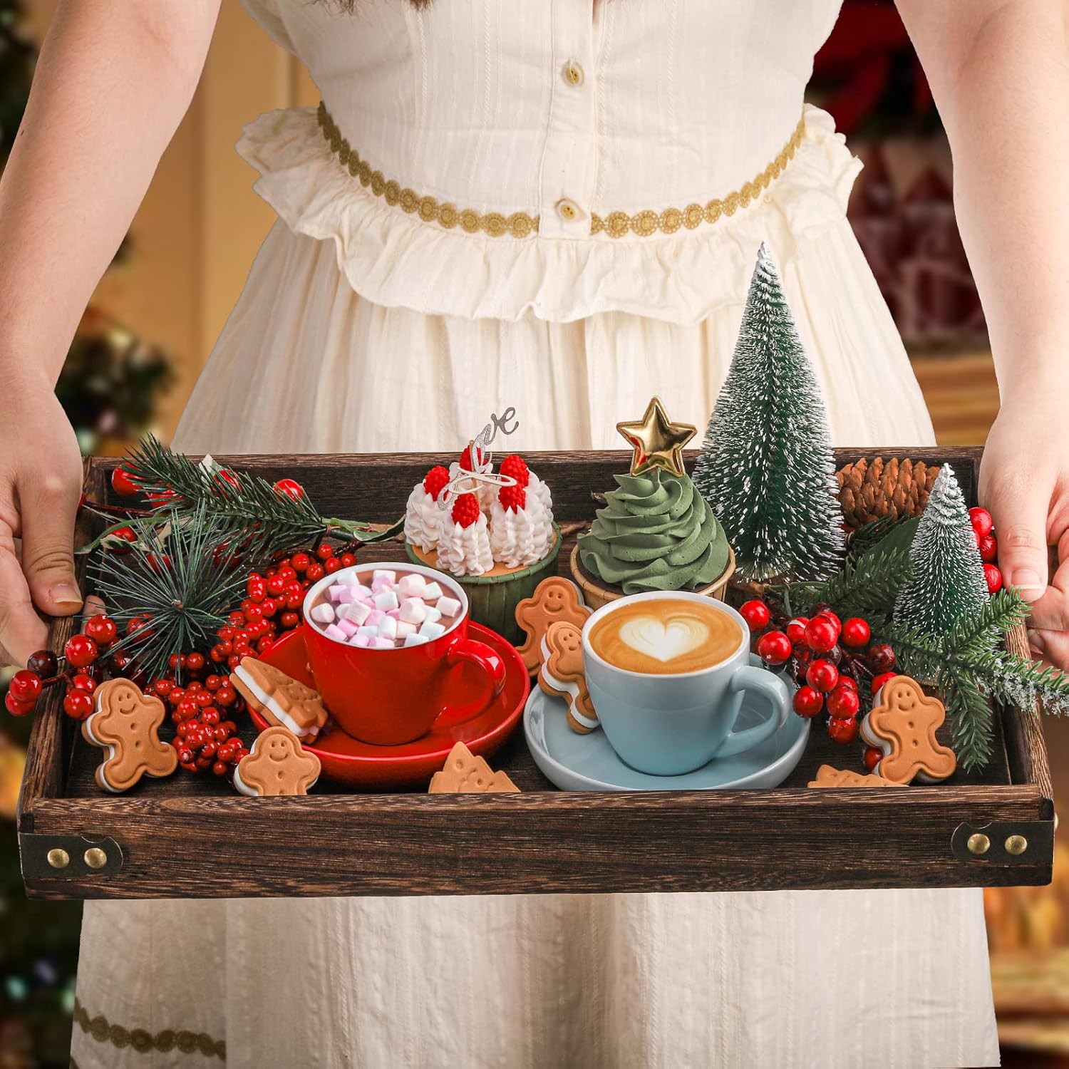 TOPZEA 3 Pack Wood Serving Tray with Handle, Farmhouse Wooden Coffee Table Trays Decorative Breakfast Tray for Bed, Couch, Ottoman, 3 Size