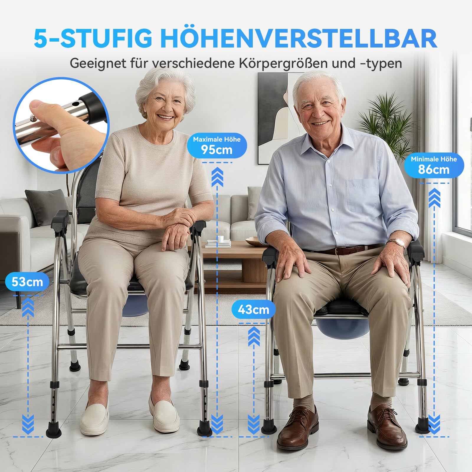 Toilettenstuhl klappbar für Senioren – 2-lagiges dickes Sitzkissen, breiter Edelstahlrahmen, höhenverstellbar, bis 200 kg belastbar, fahrbarer Duschstuhl & Toilette (Schwarz)