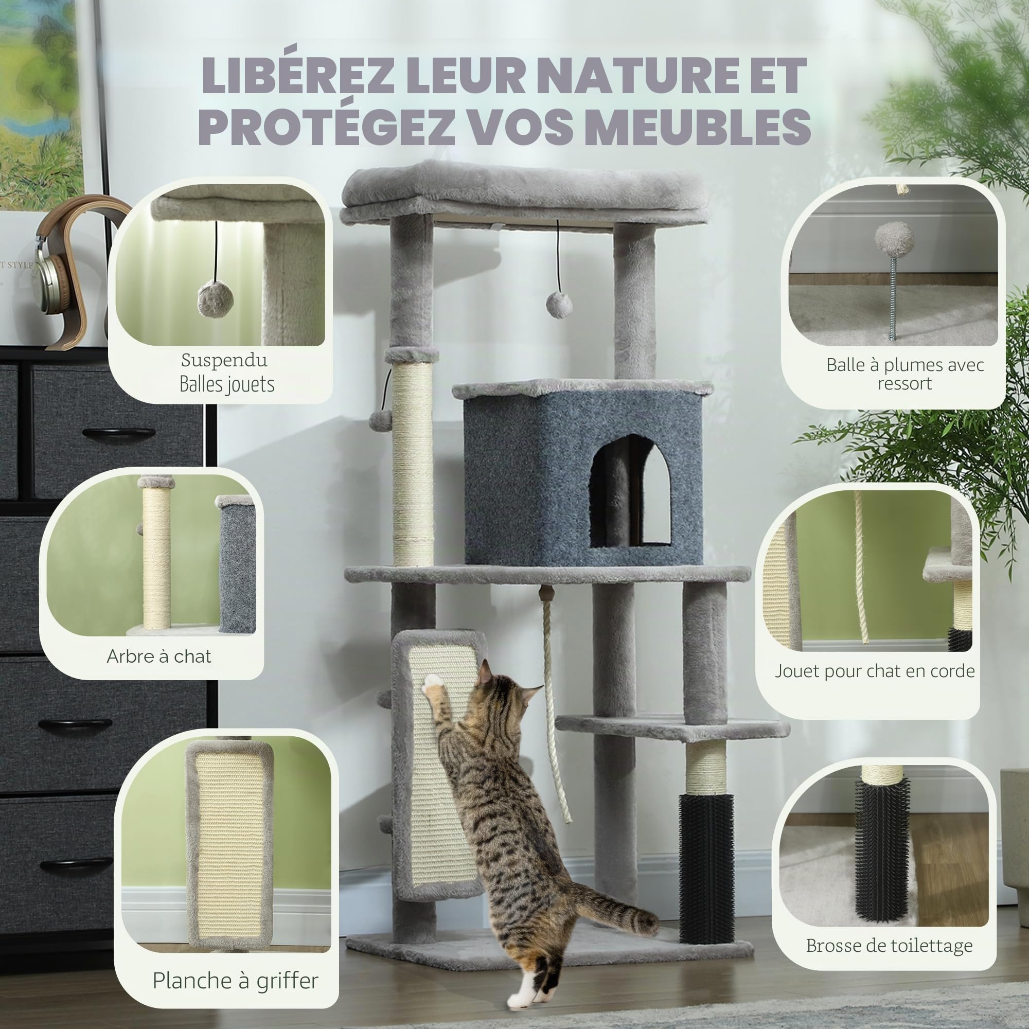 PawHut Arbre à chat de 132 cm avec grotte, balle de jeu, griffoir en sisal, pour chats jusqu'à 6 kg, gris clair
