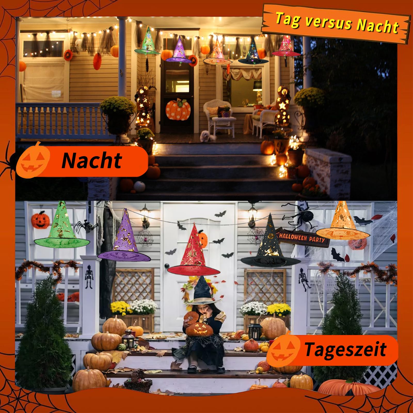 Halloween Lichterkette, 5 Stück Hängende Leuchtende Hexenhut, 3M 50 LED für Außen und Innen, Halloween Deko für Garten, Hof, Baum, Veranda