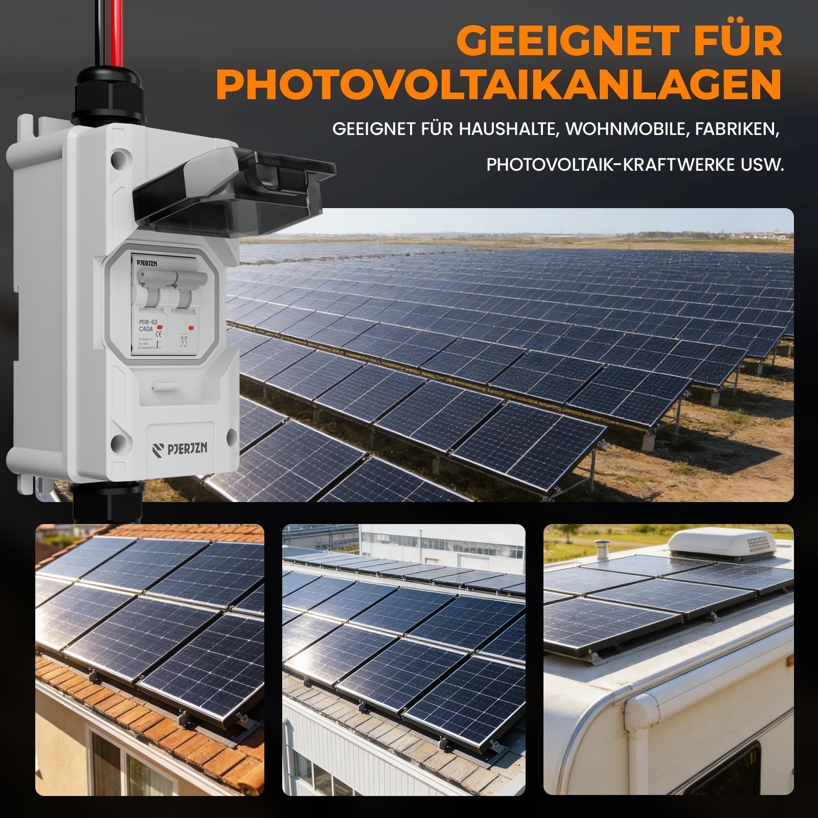 DC Trennschalter PV Anlage 1000V 40A 2P Sicherungsautomat mit Solarkabel | 2P Leitungsschutzschalter, thermomagnetisch, Kurzschluss, IP65, DIN Schiene, Kupferkontakte, Solaranlage, steckfertig